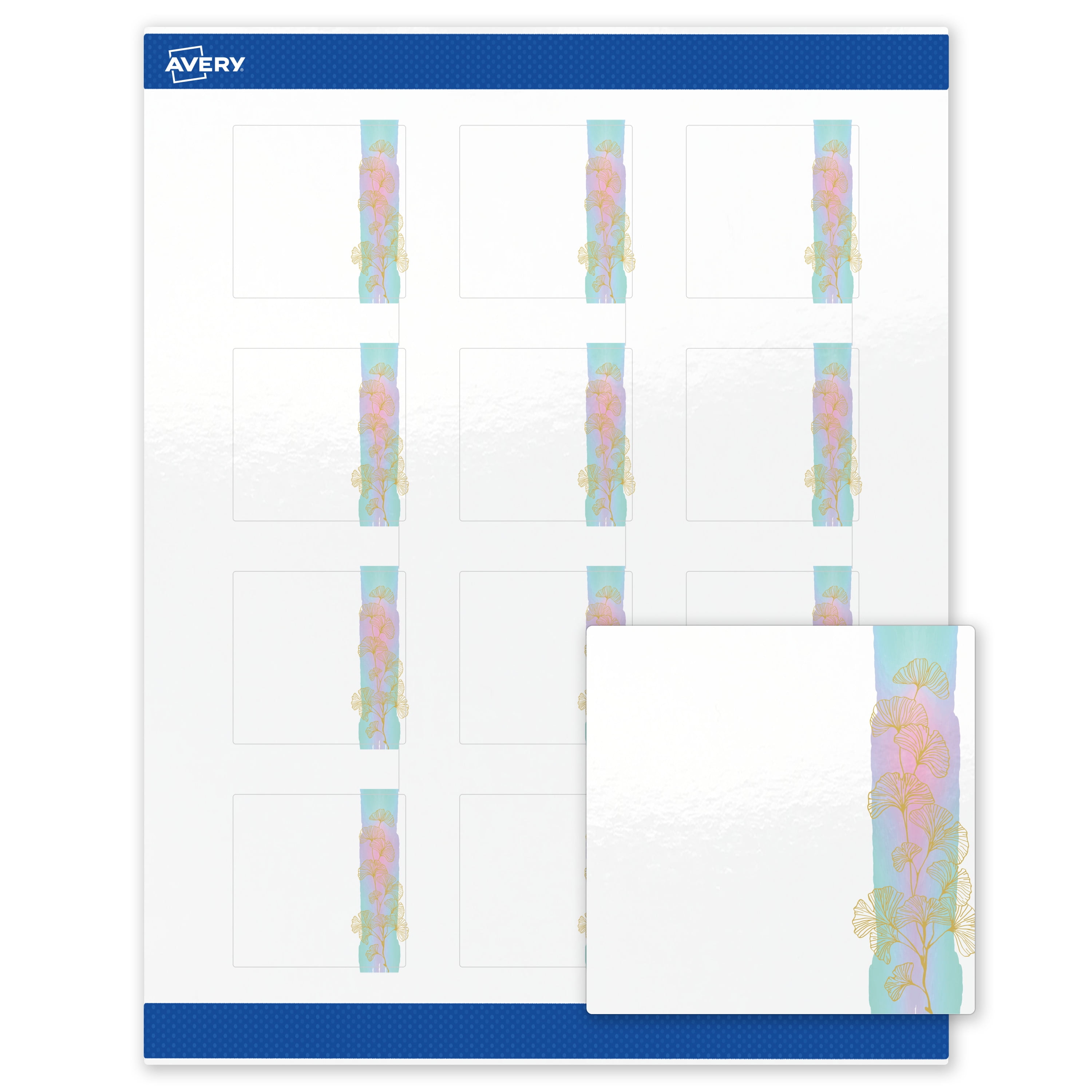 Avery Labels, 2" x 2", Glossy White, Watercolors & Gold Ginkgo Leaves