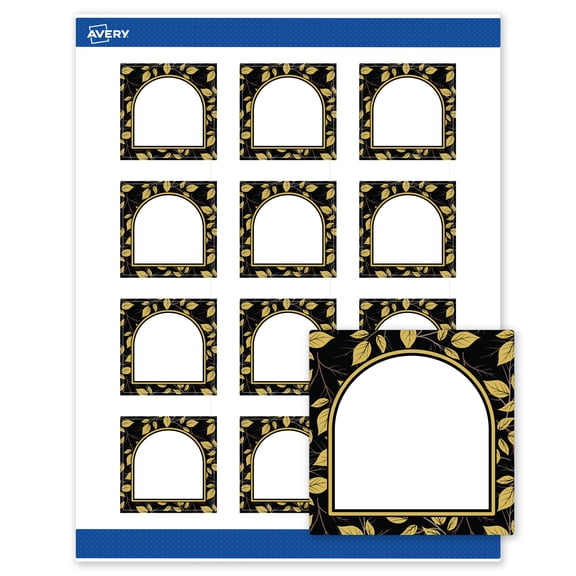 Avery Labels, 2" x 2", Matte White, Arched Black/Golden Leaves