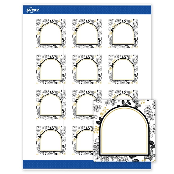 Avery Labels, 2" x 2", Matte White, Arched Gold & Black Florals