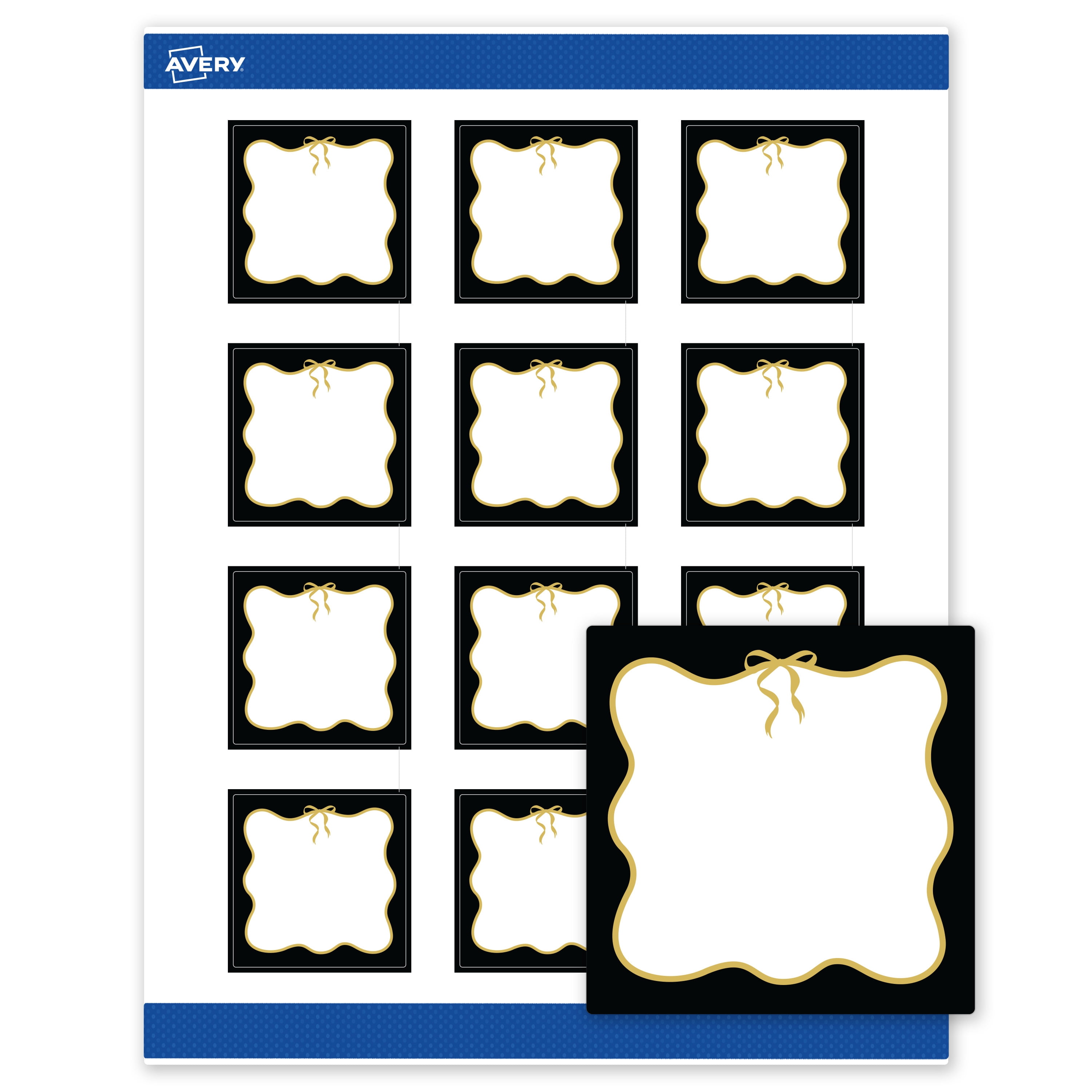 Avery Labels, 2" x 2", Matte White, Black Border/Metallic Gold Bow
