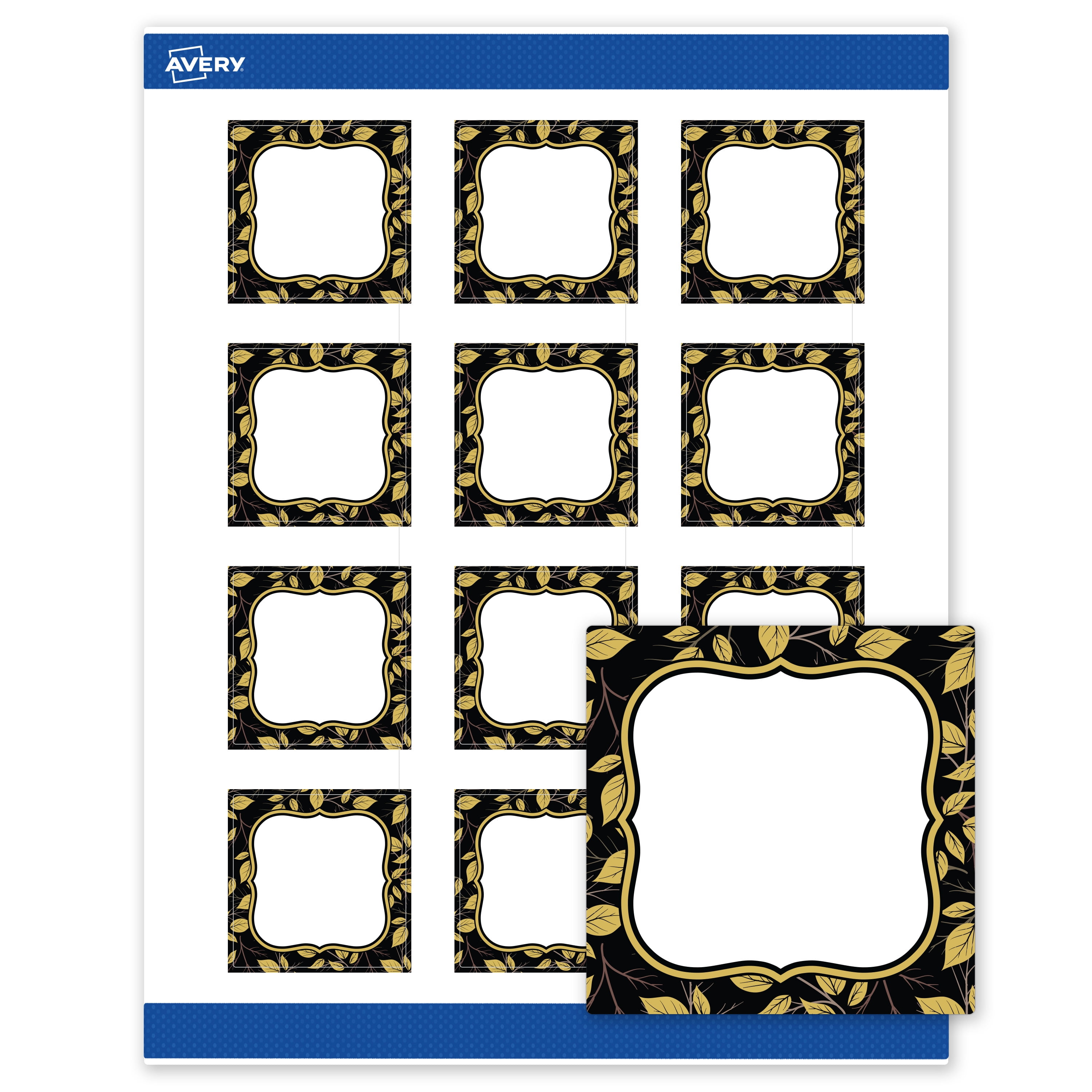 Avery Labels, 2" x 2", Matte White, Black Flourish/Golden Leaves