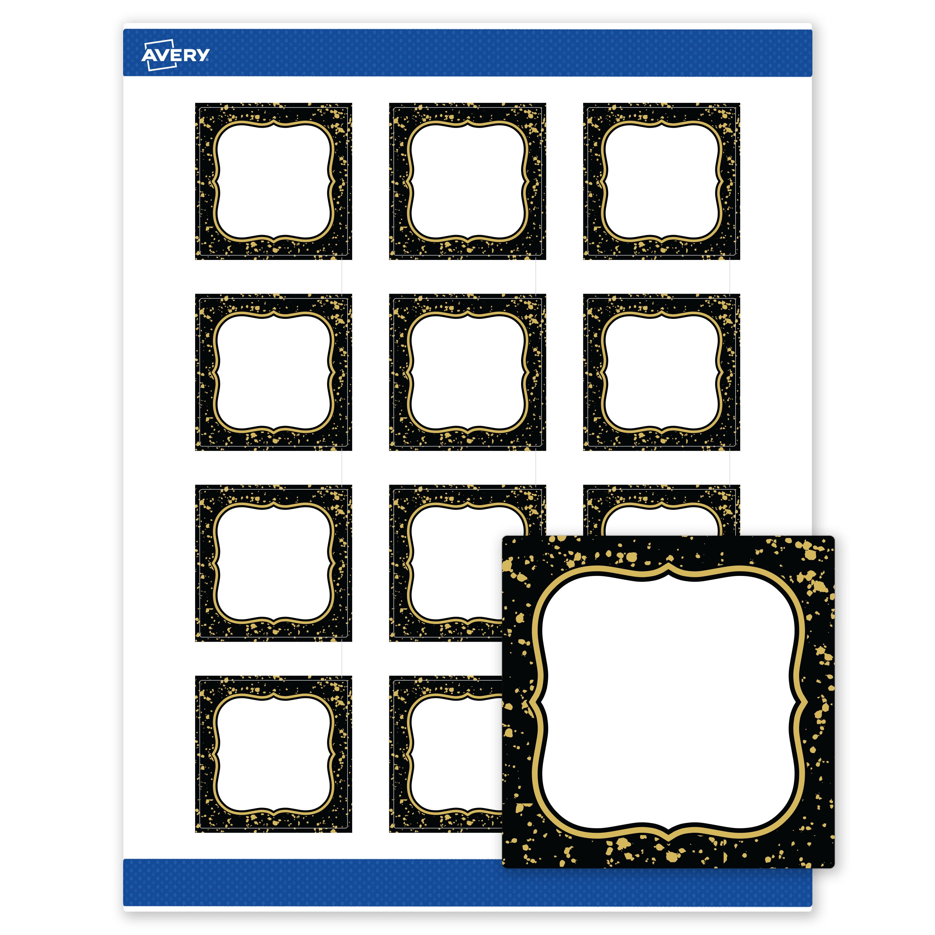 Avery Labels, 2" x 2", Matte White, Black/Metallic Gold Specs