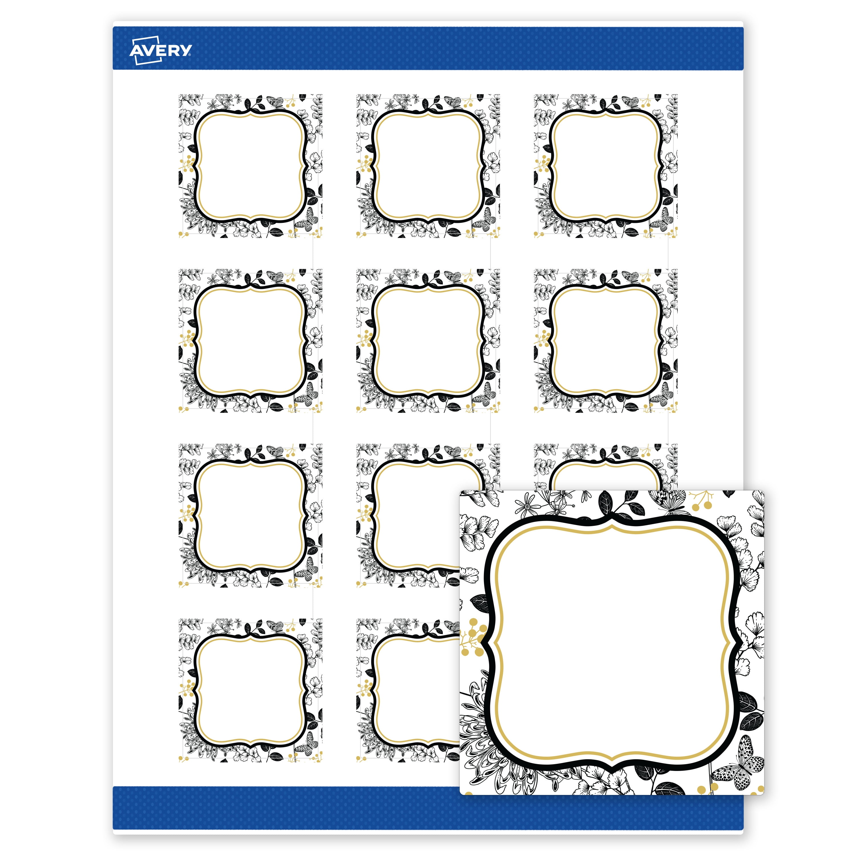 Avery Labels, 2" x 2", Matte White, Flourished Gold & Black Florals