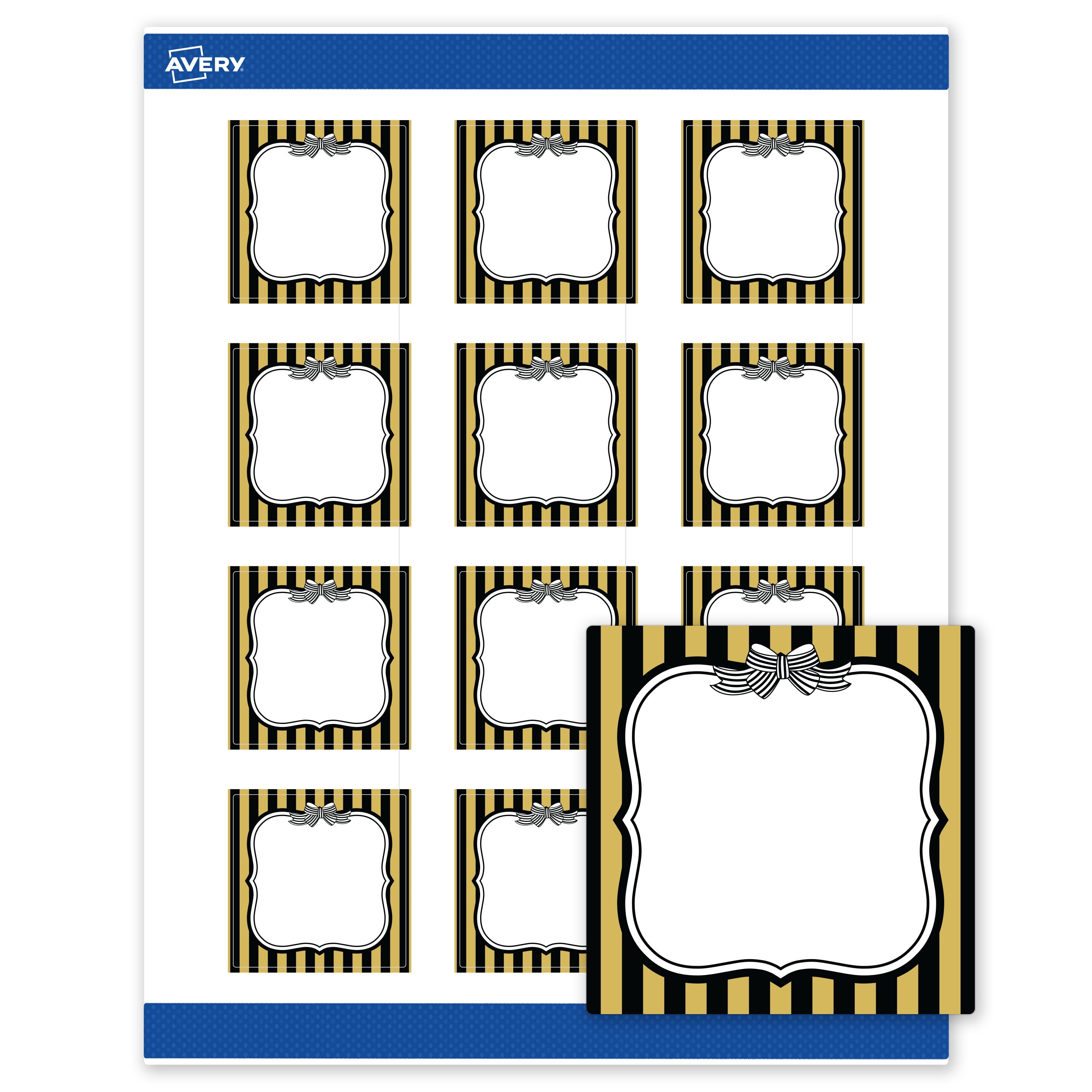 Avery Labels, 2" x 2", Matte White, Gold & Black Stripes/Bow