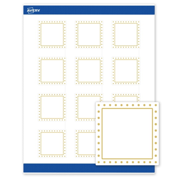 Avery Labels, 2" x 2", Matte White, Gold Border/Gold Dots
