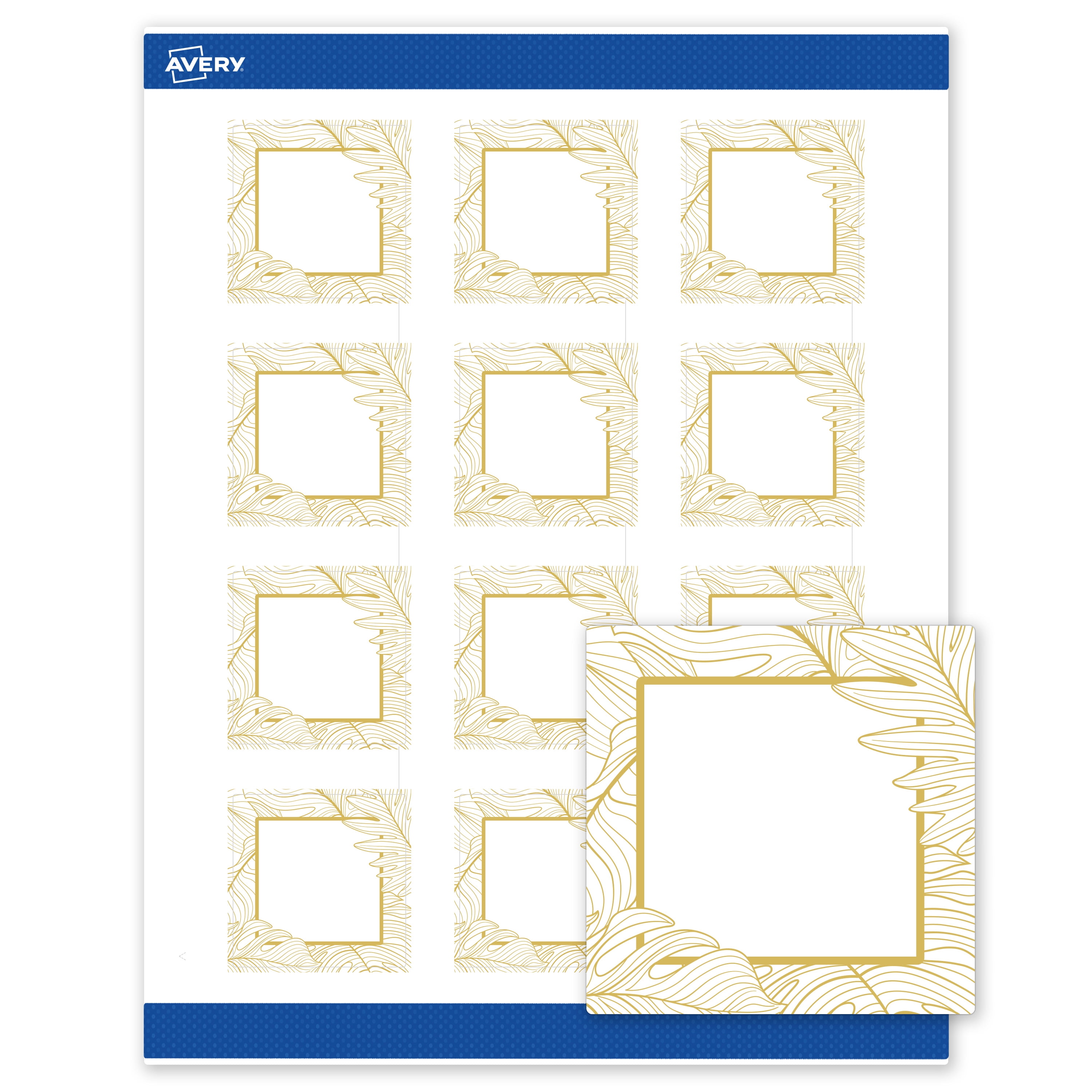Avery Labels, 2" x 2", Matte White, Gold Monstera Leaves
