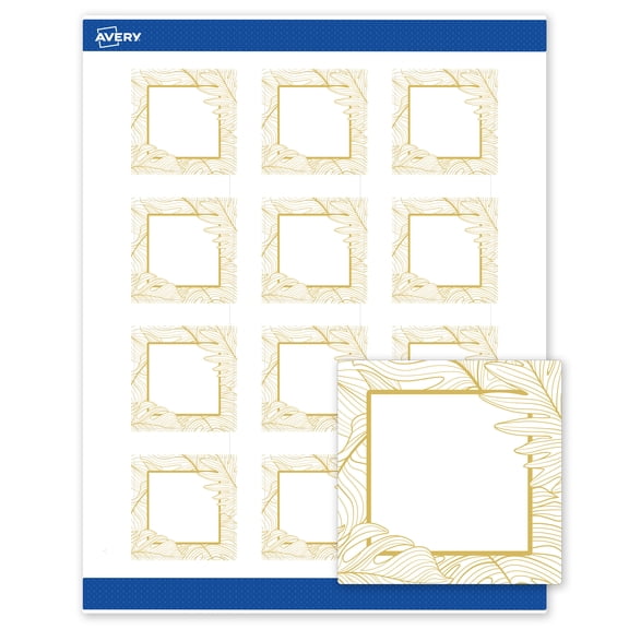 Avery Labels, 2" x 2", Matte White, Gold Monstera Leaves