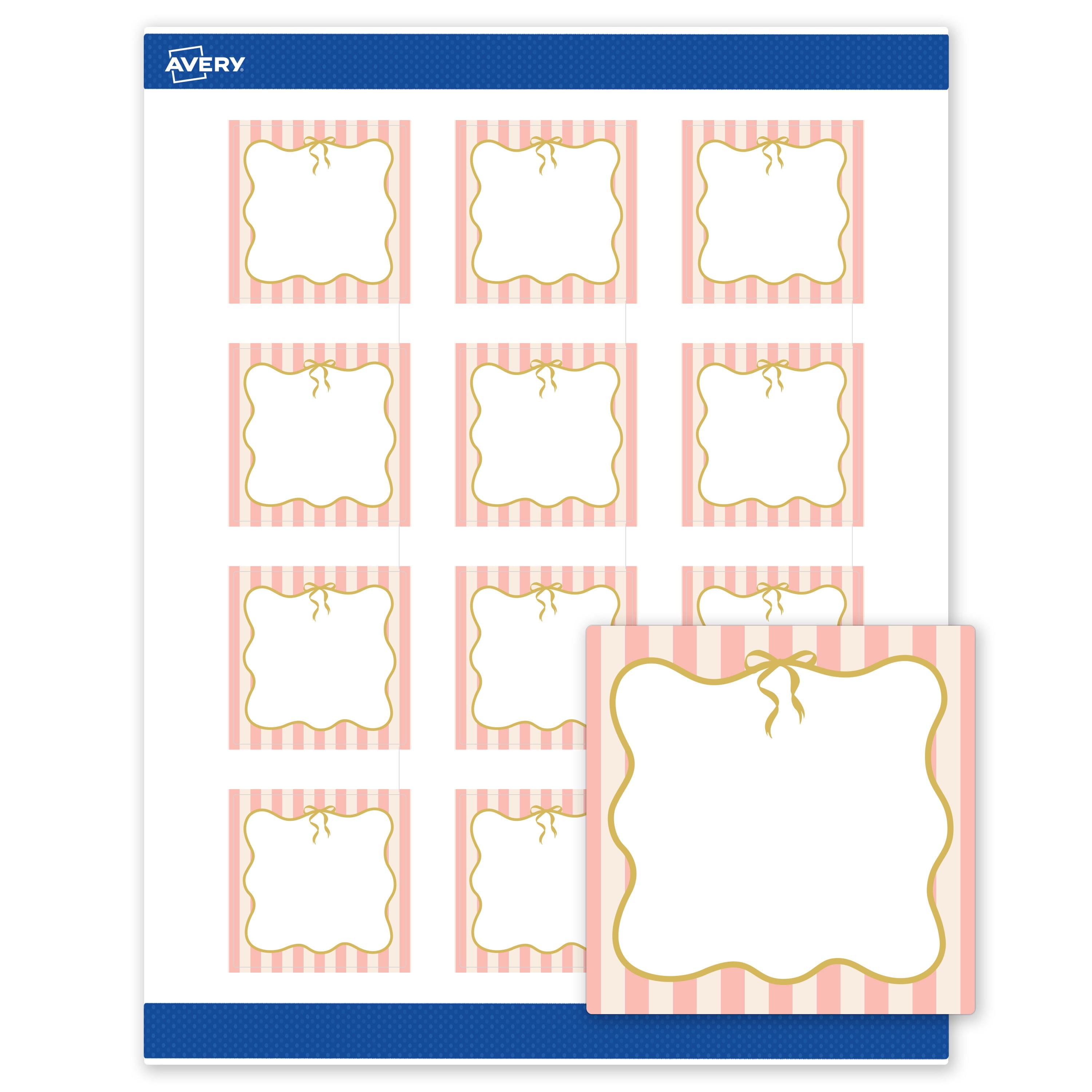 Avery Labels, 2" x 2", Matte White, Pink Stripes/Metallic Gold Bow