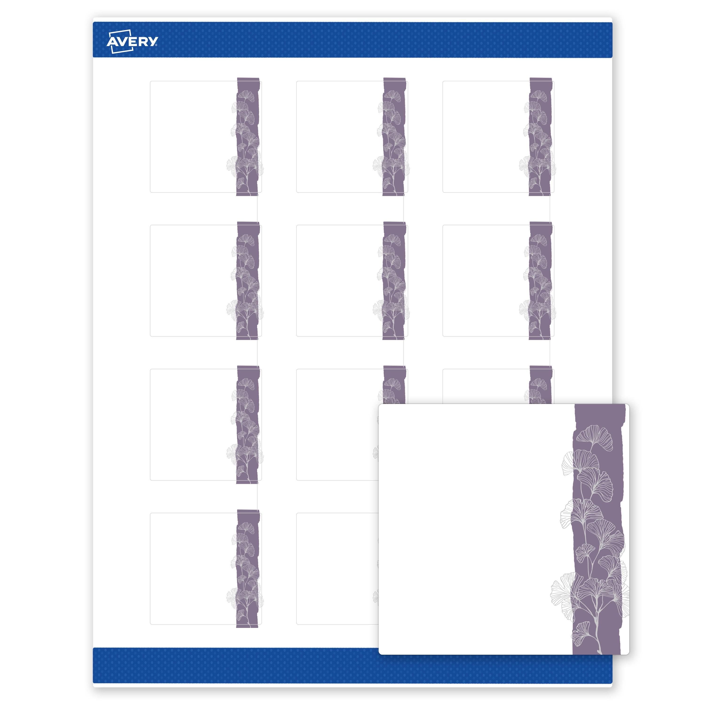 Avery Labels, 2" x 2", Matte White, Purple & Silver Gingko Leaves