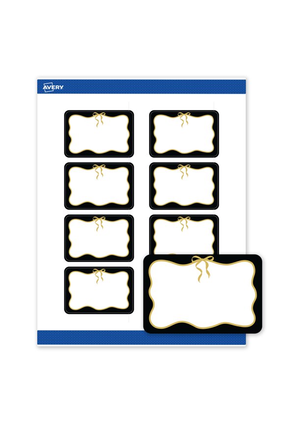 Labels, 2" x 3", Matte White, Black Border/Metallic Gold Bow