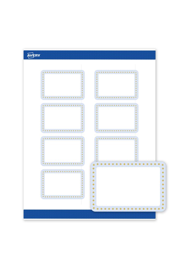 Labels, 2" x 3", Matte White, Blue Border/Gold Dots