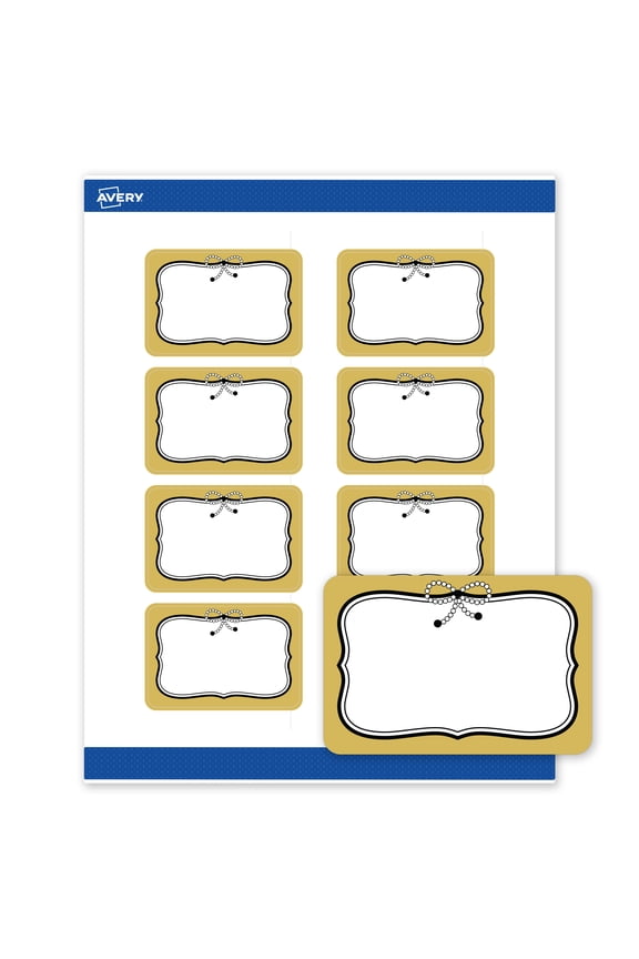 Labels, 2" x 3", Matte White, Metallic Gold Border/Black Bow