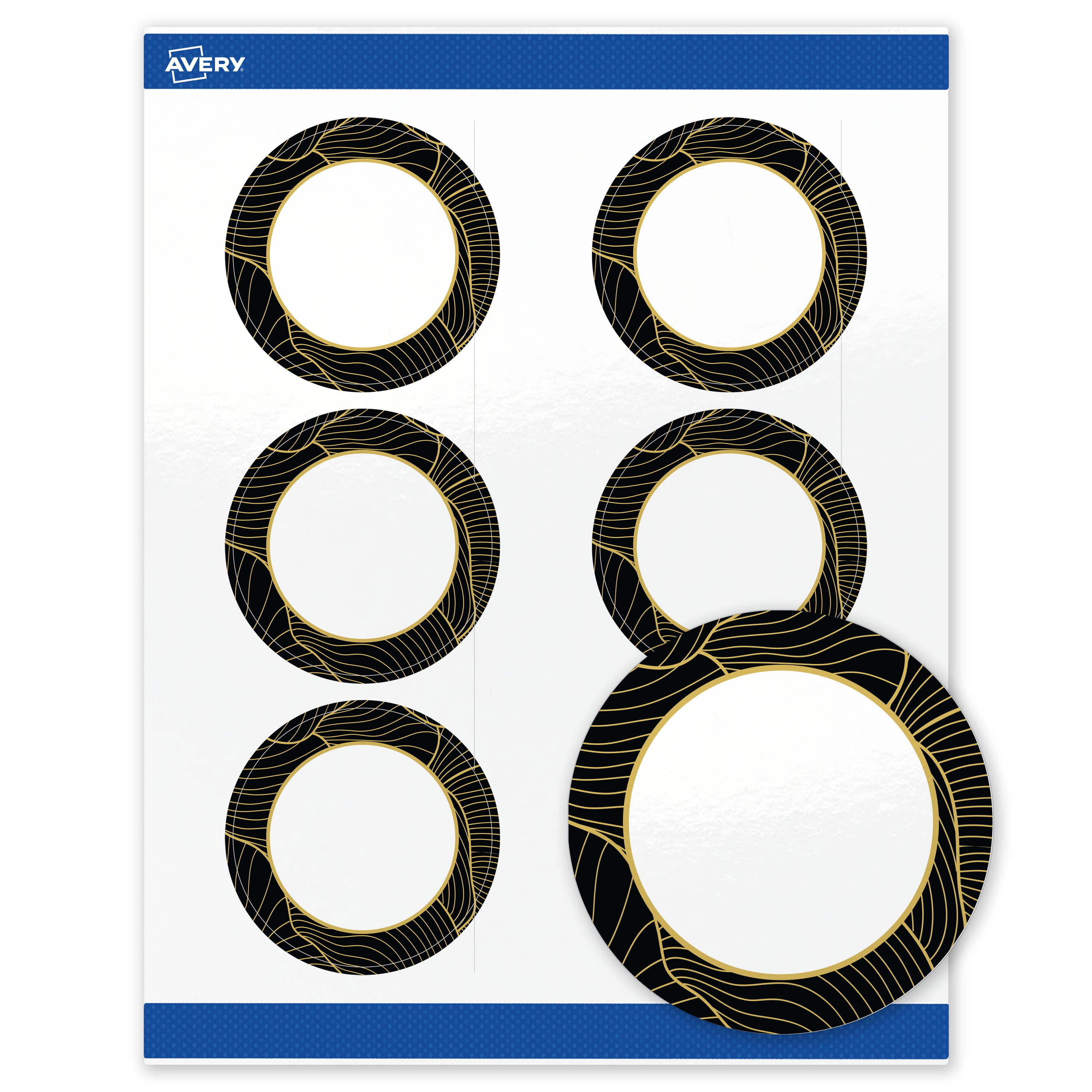Avery Labels, 3" Diameter, Glossy White, Black Border/Gold Veins