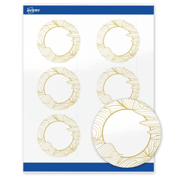 Avery Labels, 3" Diameter, Glossy White, Gold Monstera Leaves