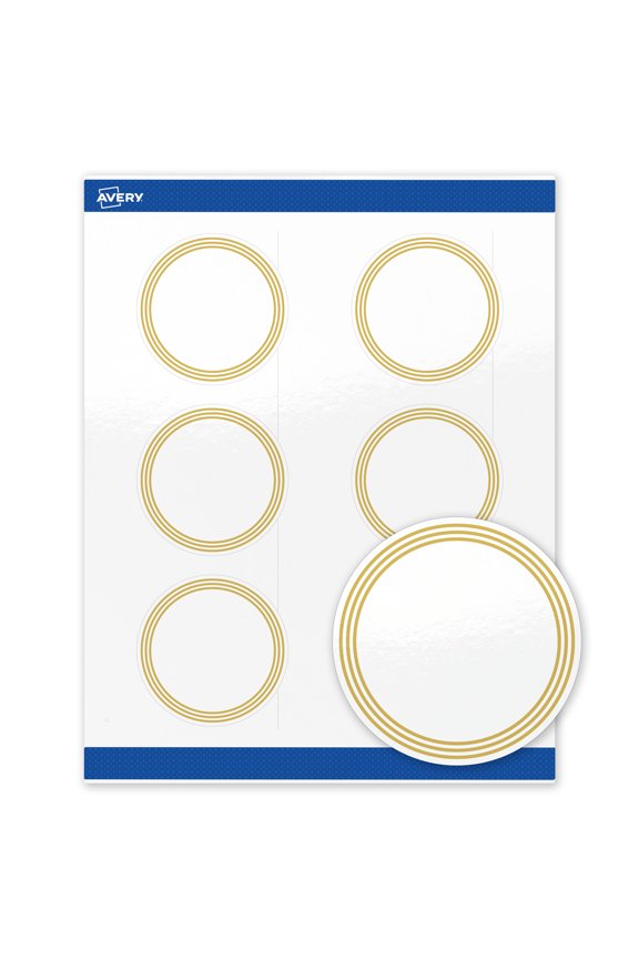 Labels, 3" Diameter, Glossy White, Multi-Lined Gold Border