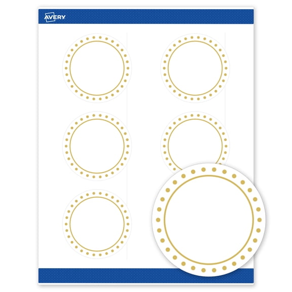 Avery Labels, 3" Diameter, Matte White, Gold Border/Gold Dots