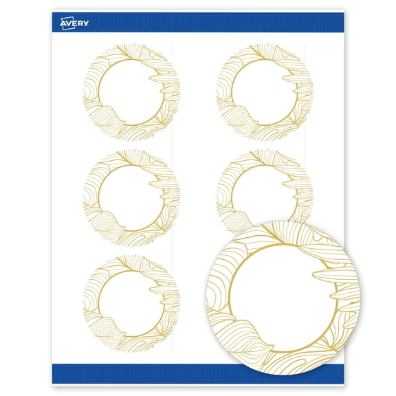 Avery Labels, 3" Diameter, Matte White, Gold Monstera Leaves