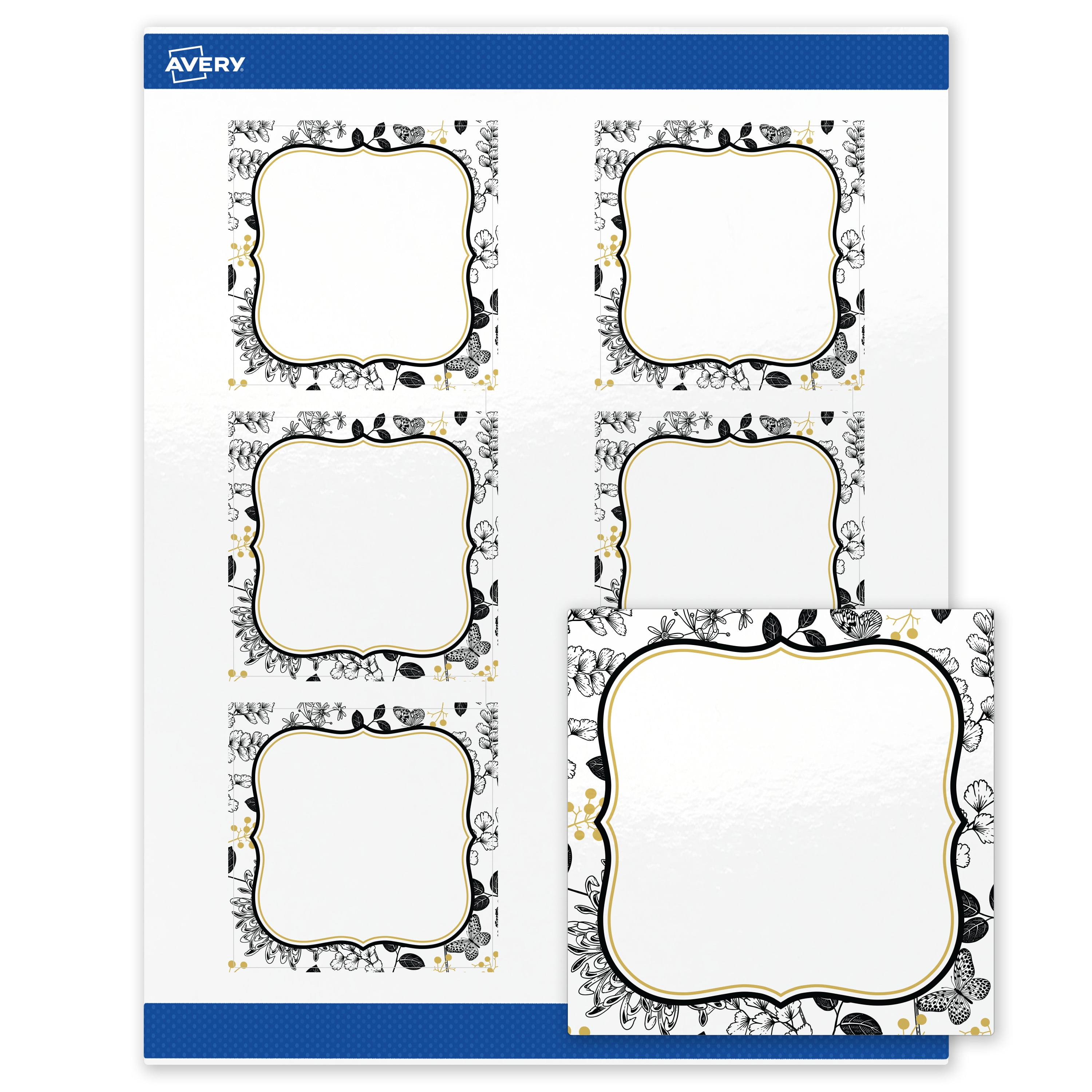 Avery Labels, 3" x 3", Glossy White, Flourished Gold & Black Florals