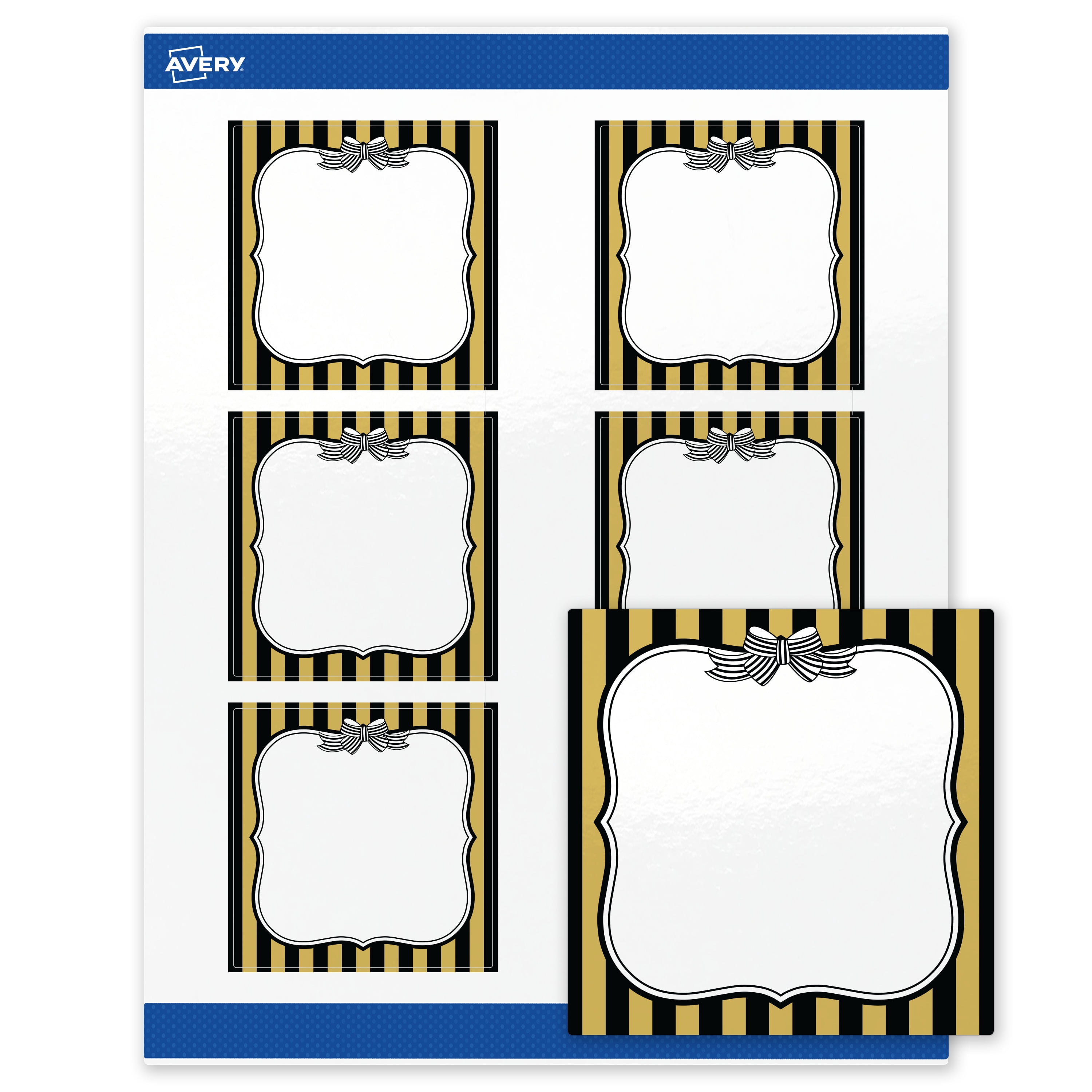 Avery Labels, 3" x 3", Glossy White, Gold & Black Stripes/Bow