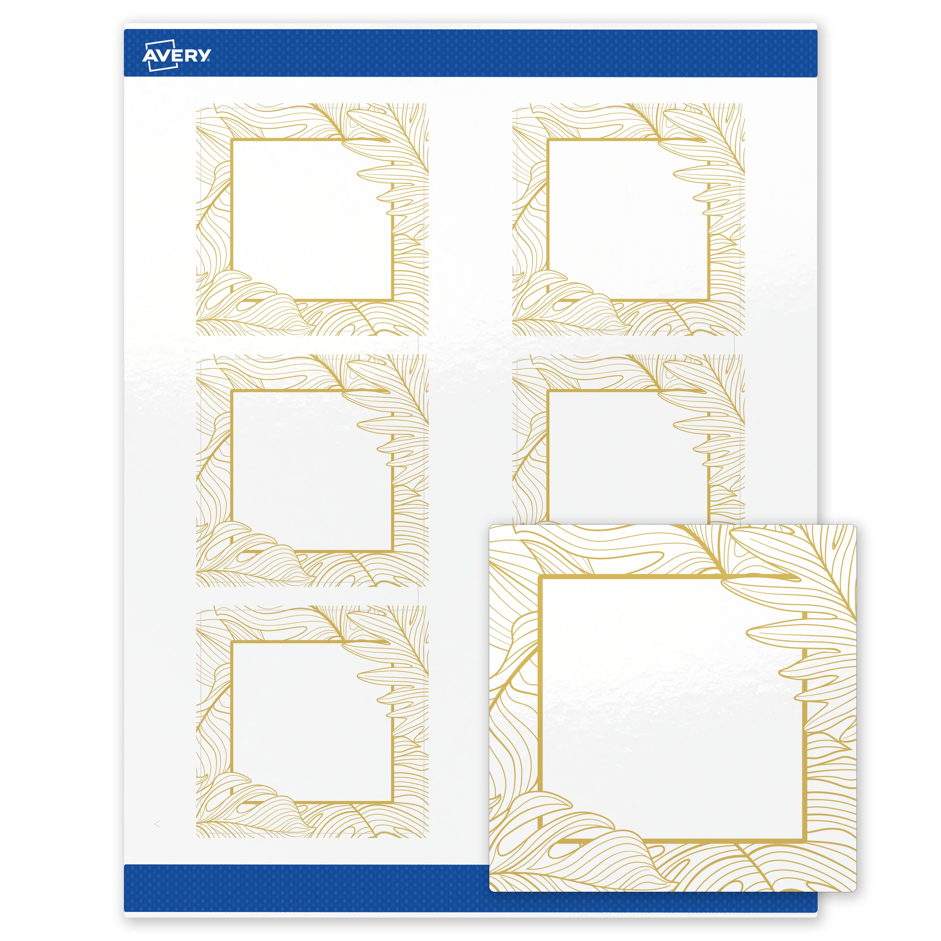 Avery Labels, 3" x 3", Glossy White, Gold Monstera Leaves