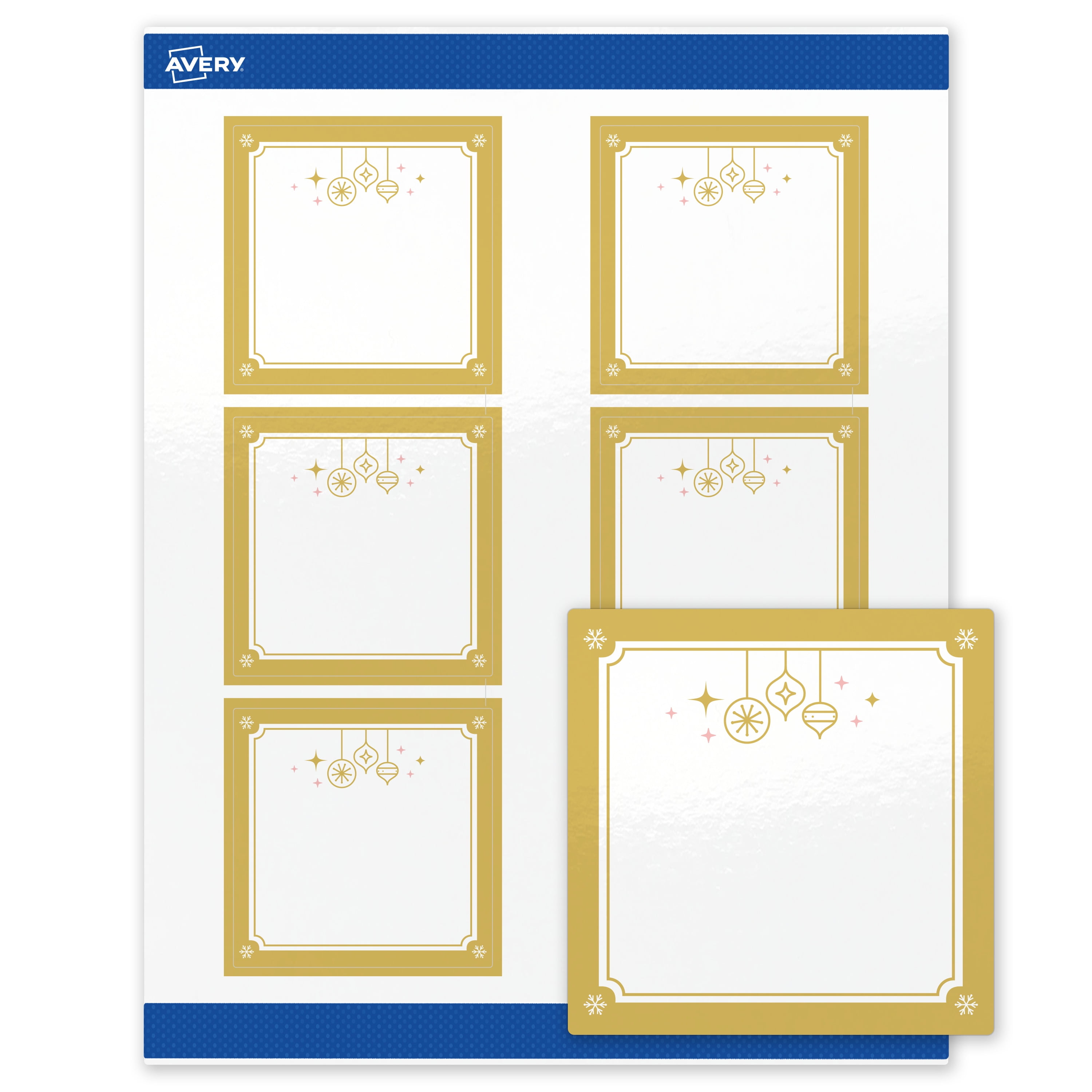Avery Labels, 3" x 3", Glossy White, Metallic Gold Hanging Ornaments