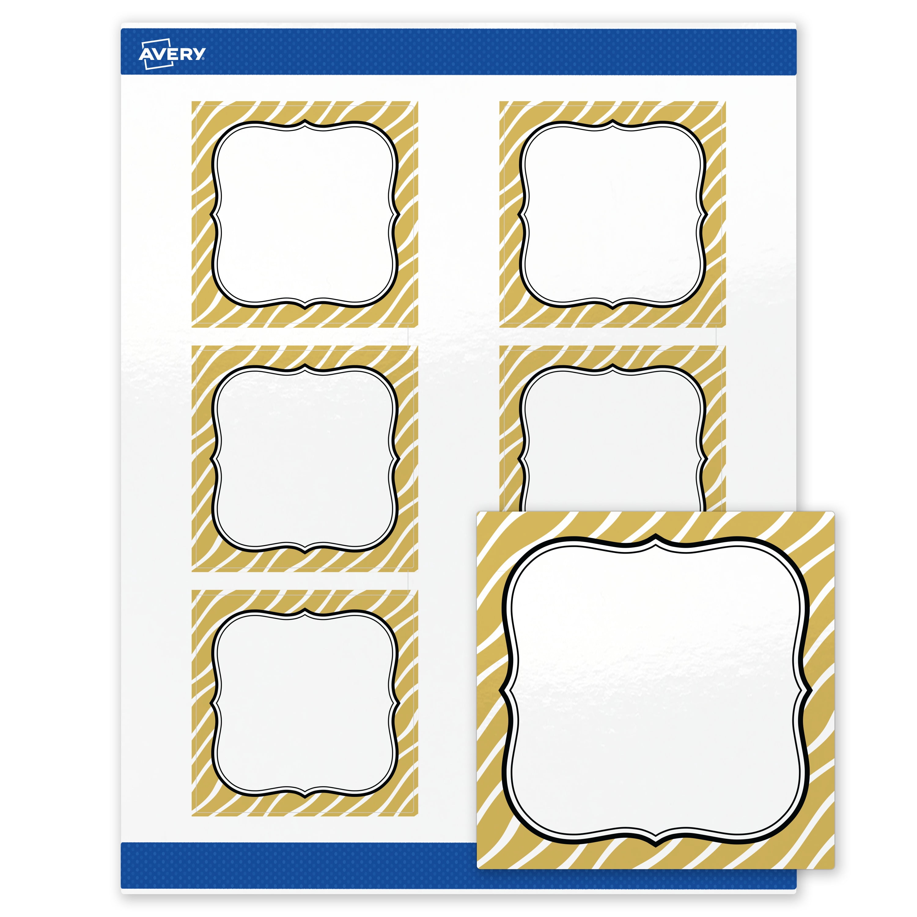 Avery Labels, 3" x 3", Glossy White, Metallic Gold Zebra Pattern