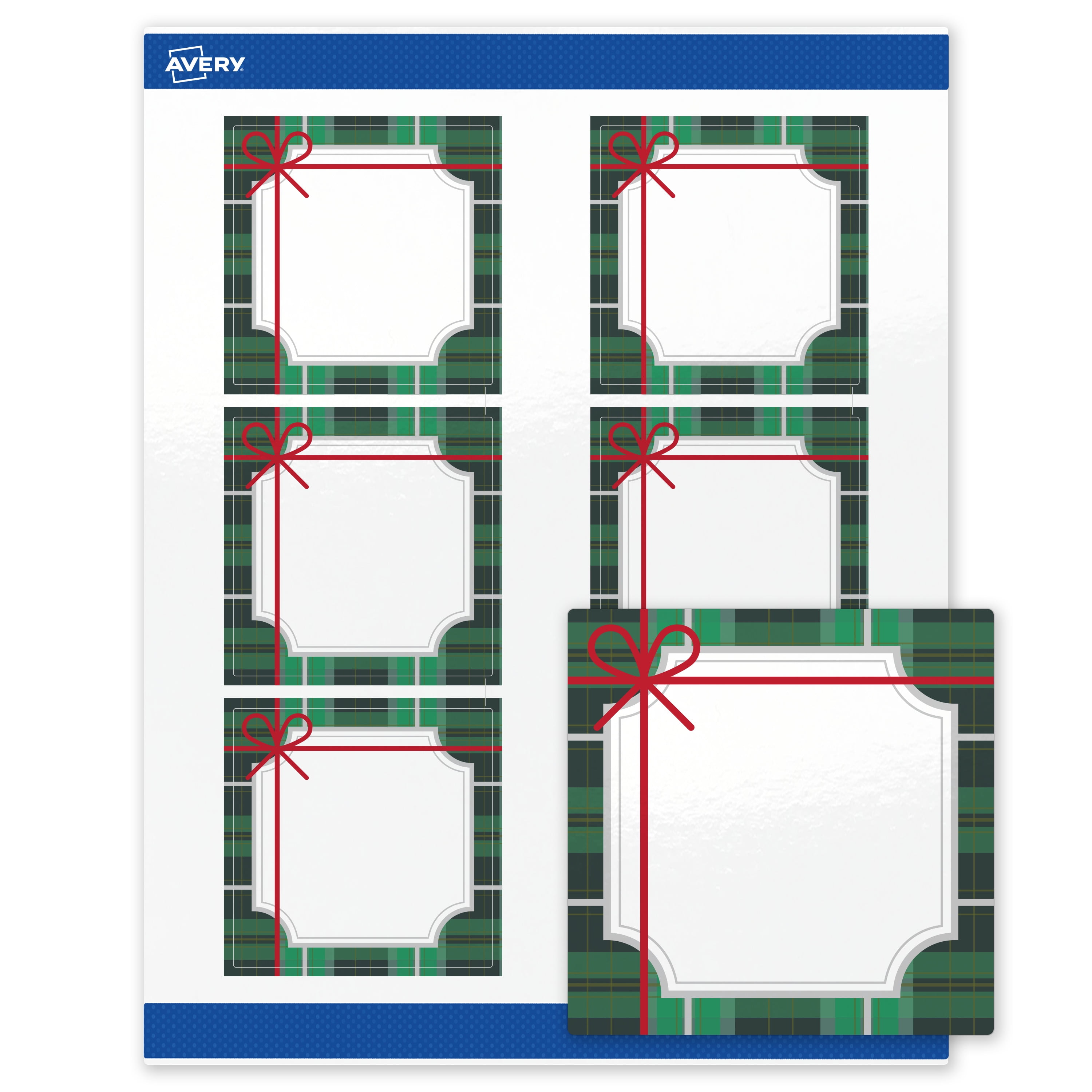 Avery Labels, 3" x 3", Glossy White, Metallic Silver & Green Plaid