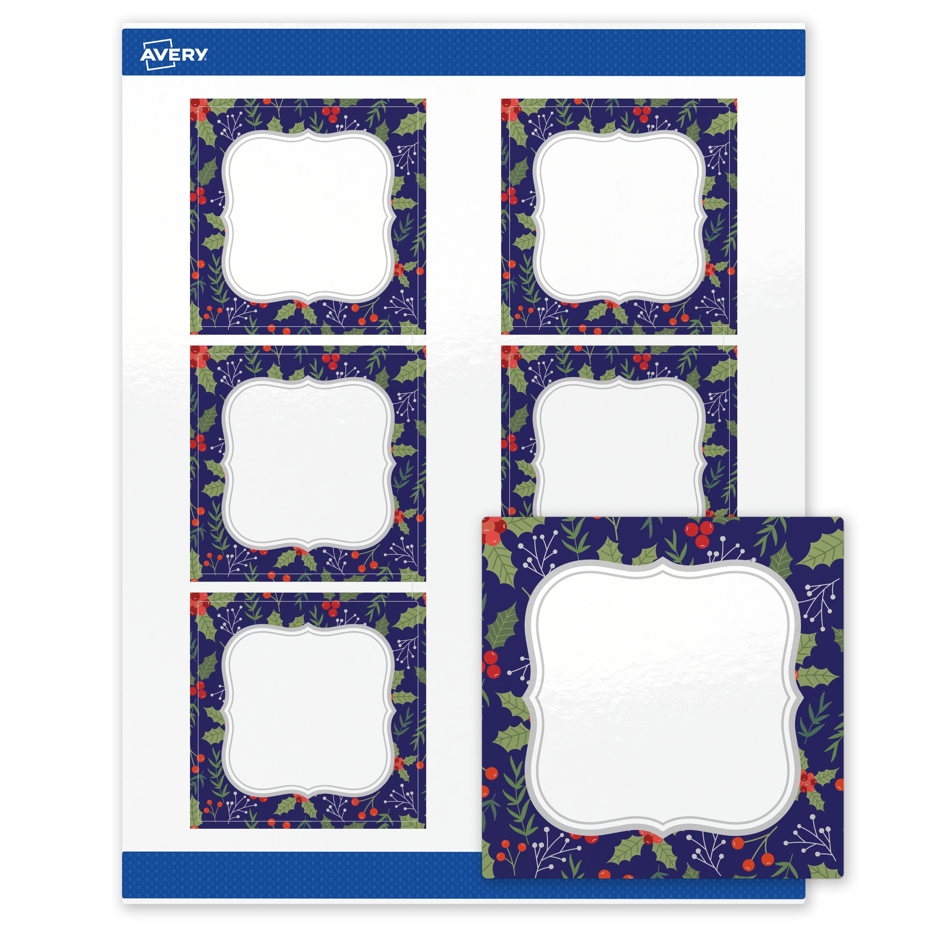 Avery Labels, 3" x 3", Glossy White, Navy/Metallic Silver Frame