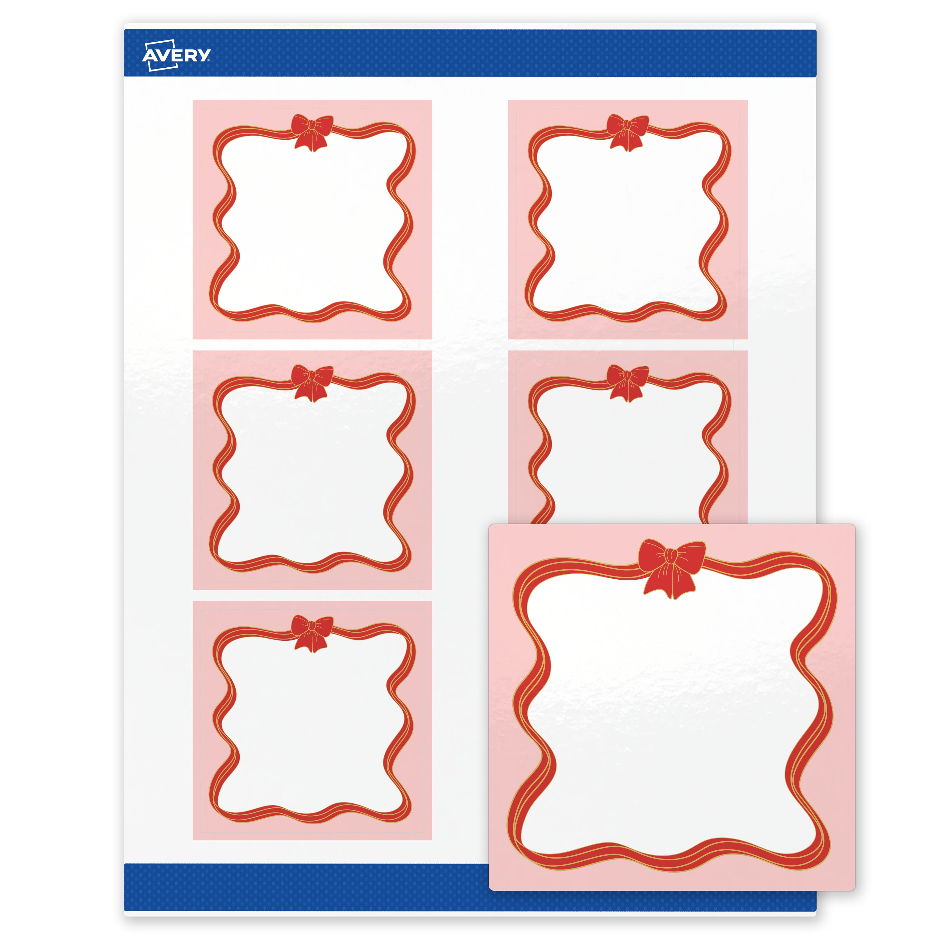 Avery Labels, 3" x 3", Glossy White, Pink/Red & Metallic Gold Bow