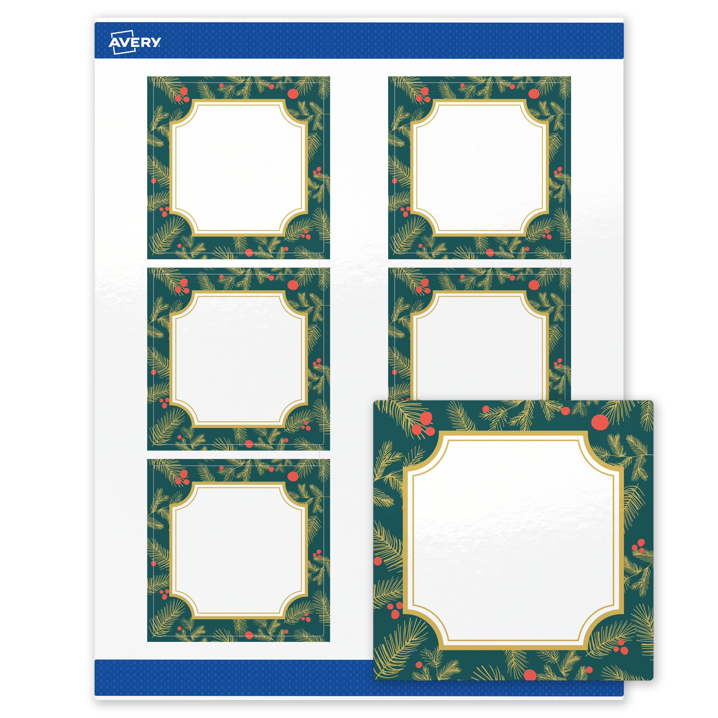 Avery Labels, 3" x 3", Glossy White, Teal & Metallic Gold Frame