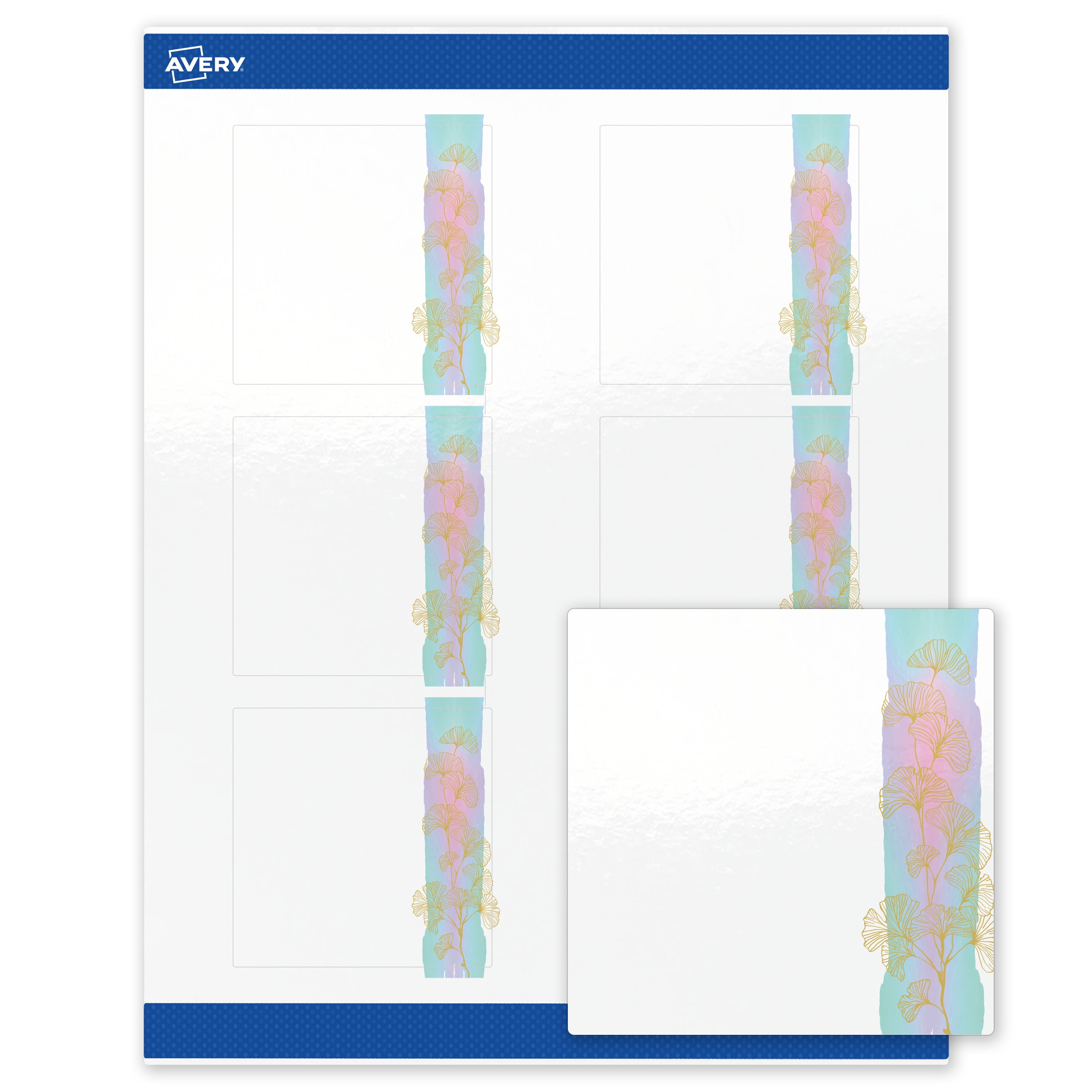 Avery Labels, 3" x 3", Glossy White, Watercolors & Gold Ginkgo Leaves