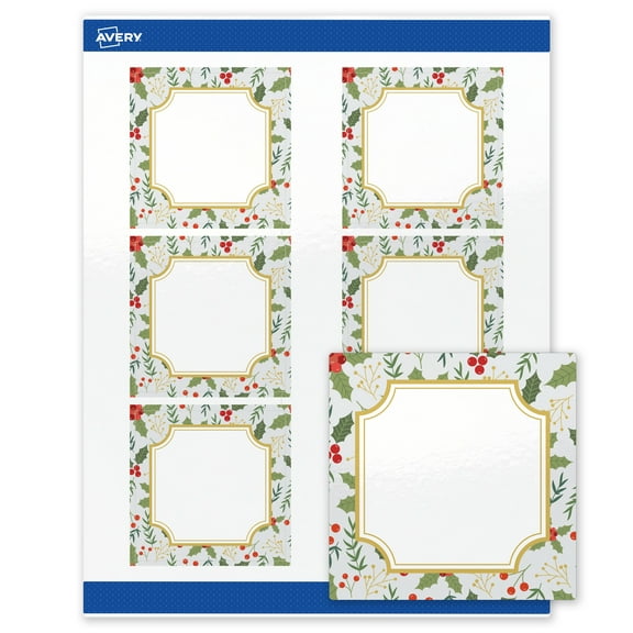 Avery Labels, 3" x 3", Gold-Blue Border Berries, Glossy, 60ct