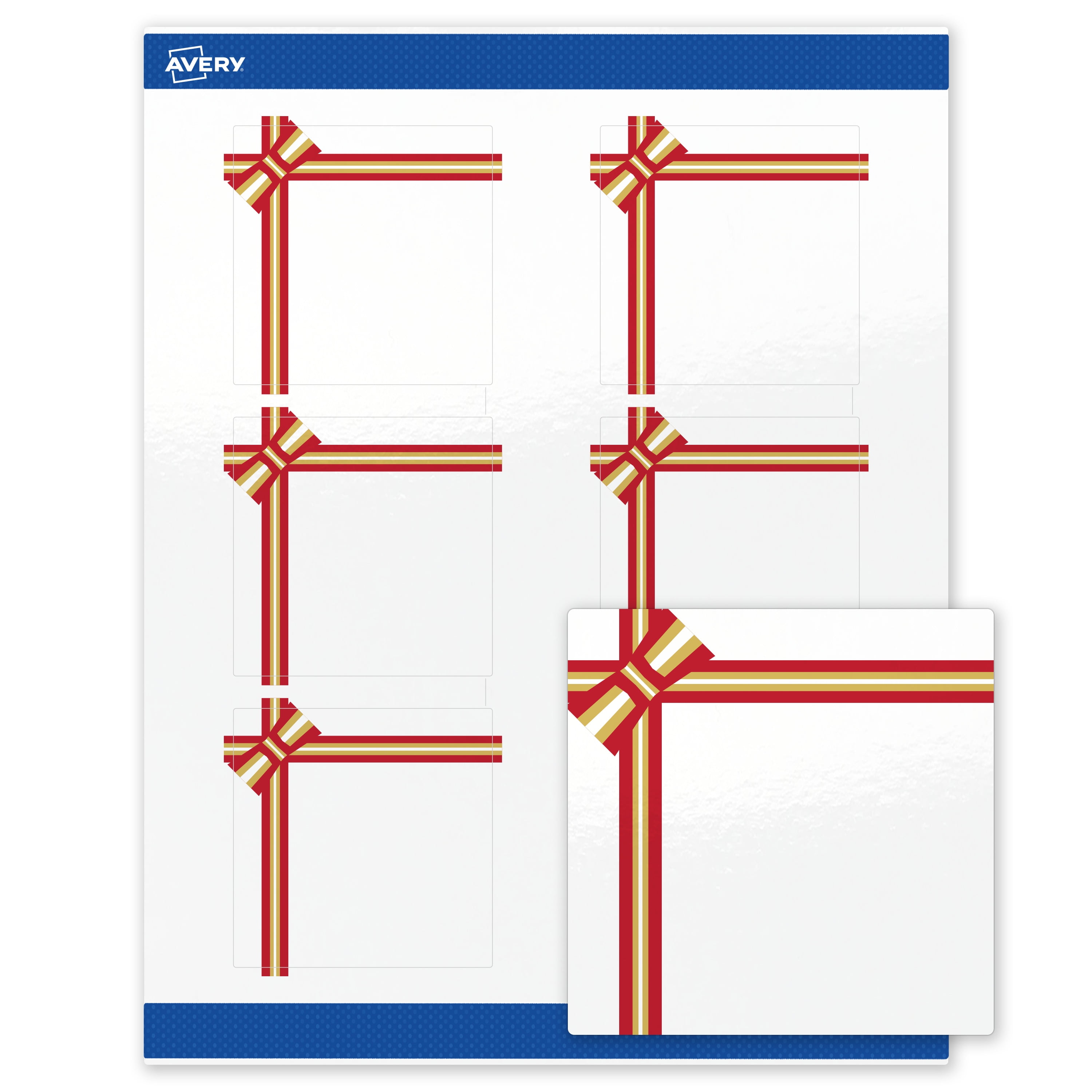 Avery Labels, 3" x 3", Gold-Red Gift Bow, Glossy, 60ct