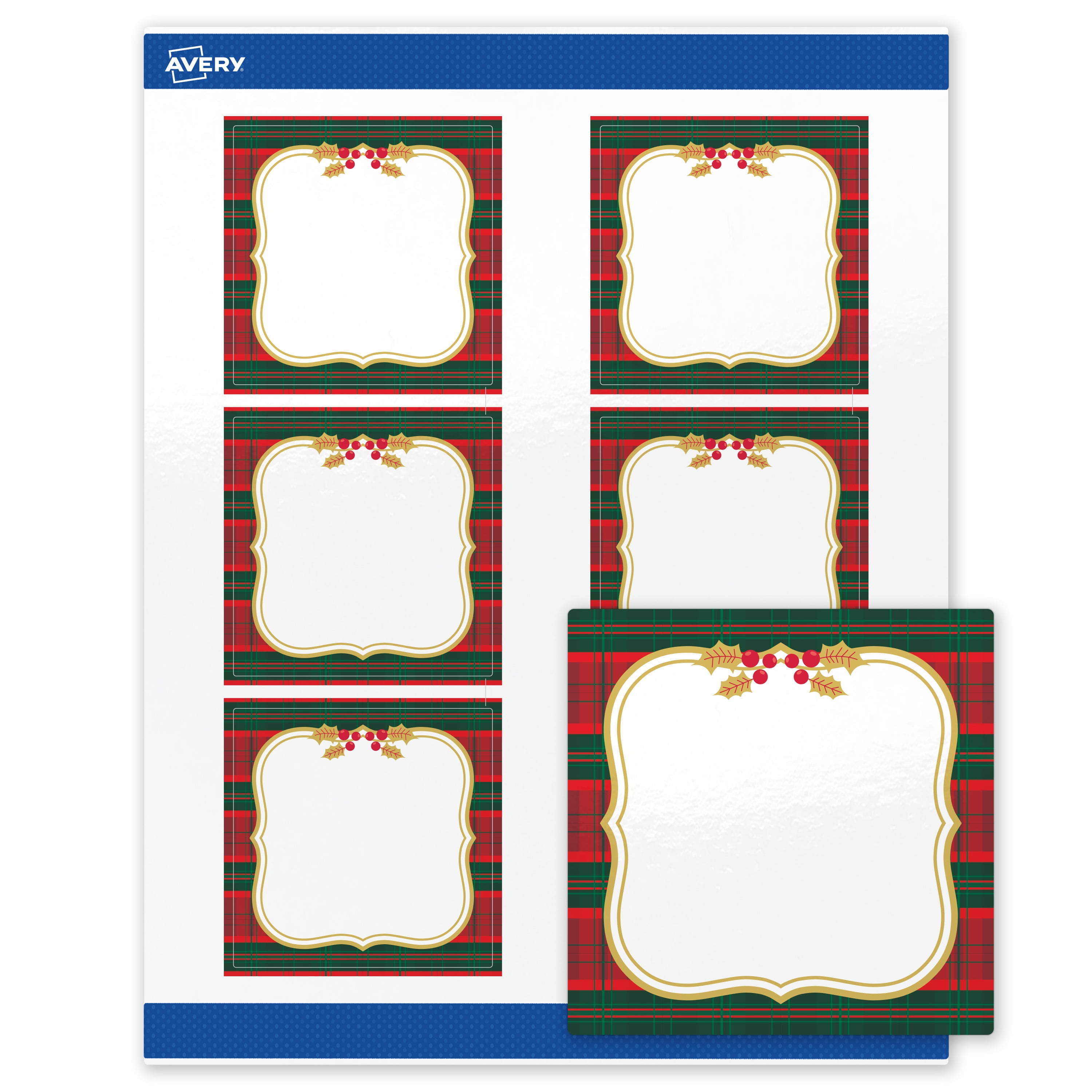 Avery Labels, 3" x 3", Gold-Red-Green Plaid, Glossy, 60ct