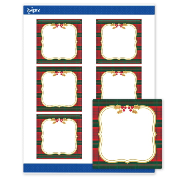 Avery Labels, 3" x 3", Gold-Red-Green Plaid, Matte, 60ct