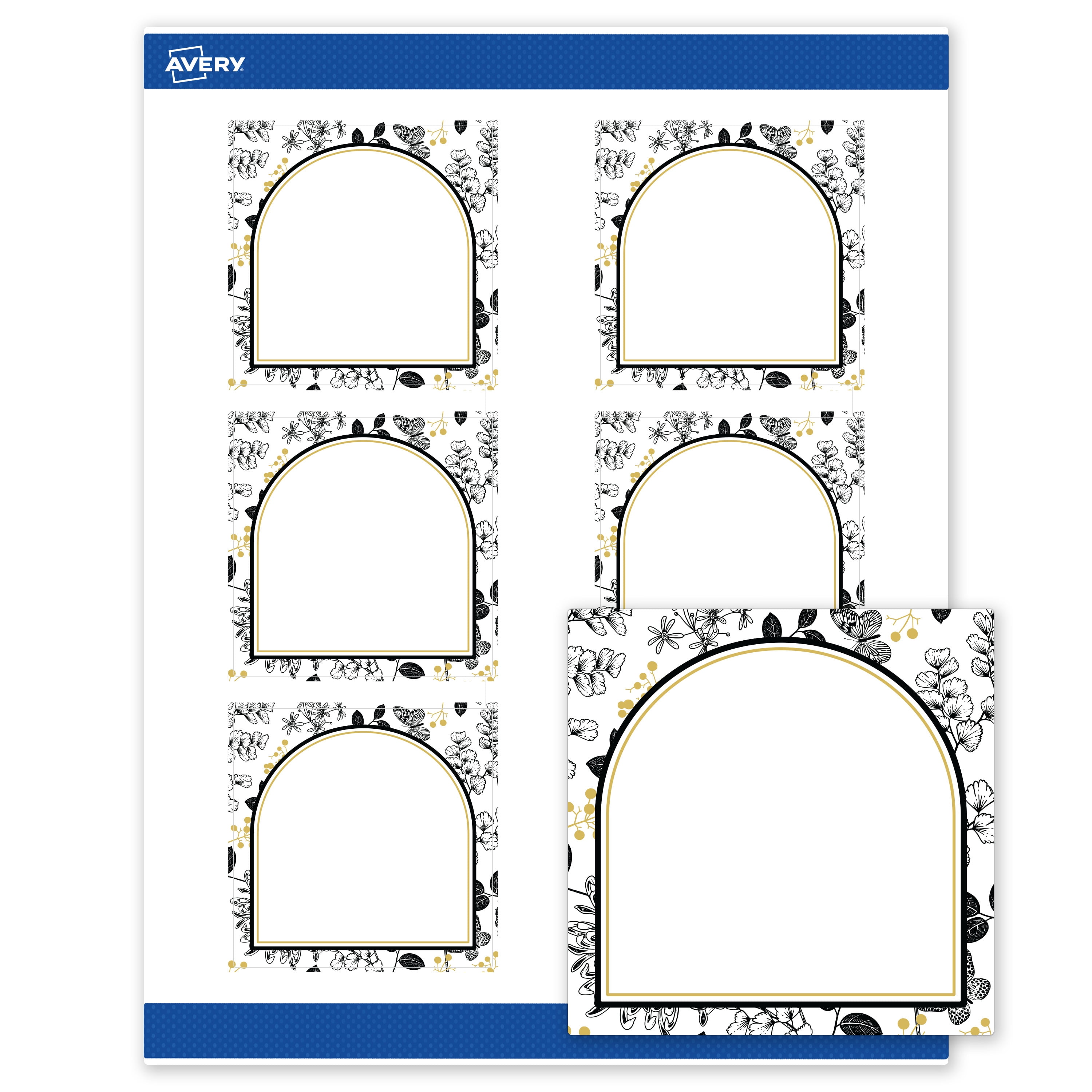 Avery Labels, 3" x 3", Matte White, Arched Gold & Black Florals