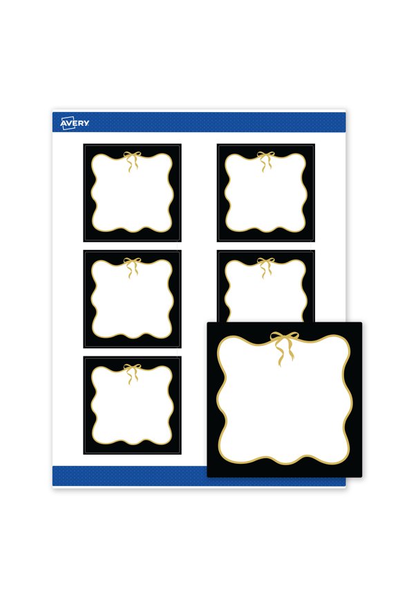 Labels, 3" x 3", Matte White, Black Border/Metallic Gold Bow