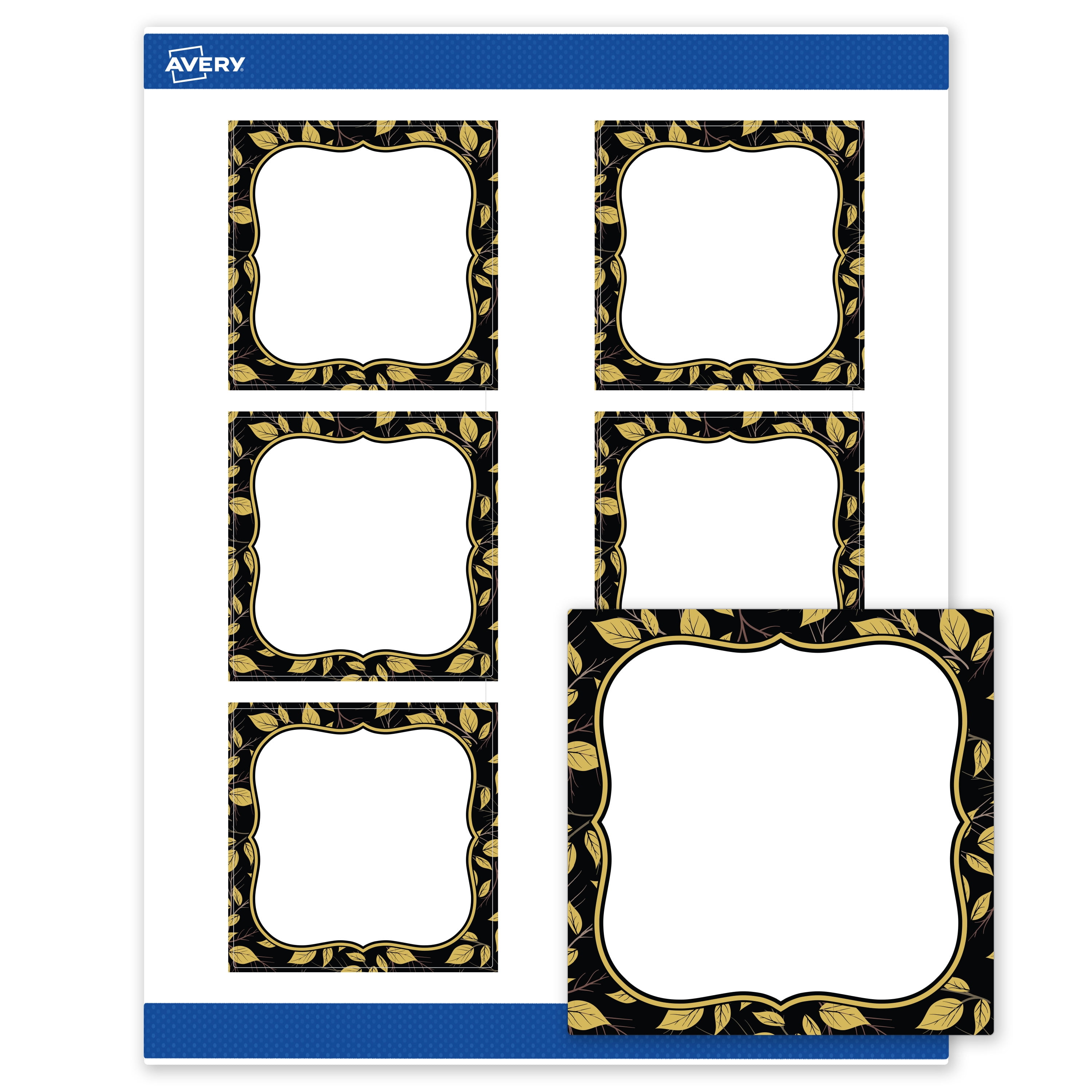 Avery Labels, 3" x 3", Matte White, Black Flourish/Golden Leaves