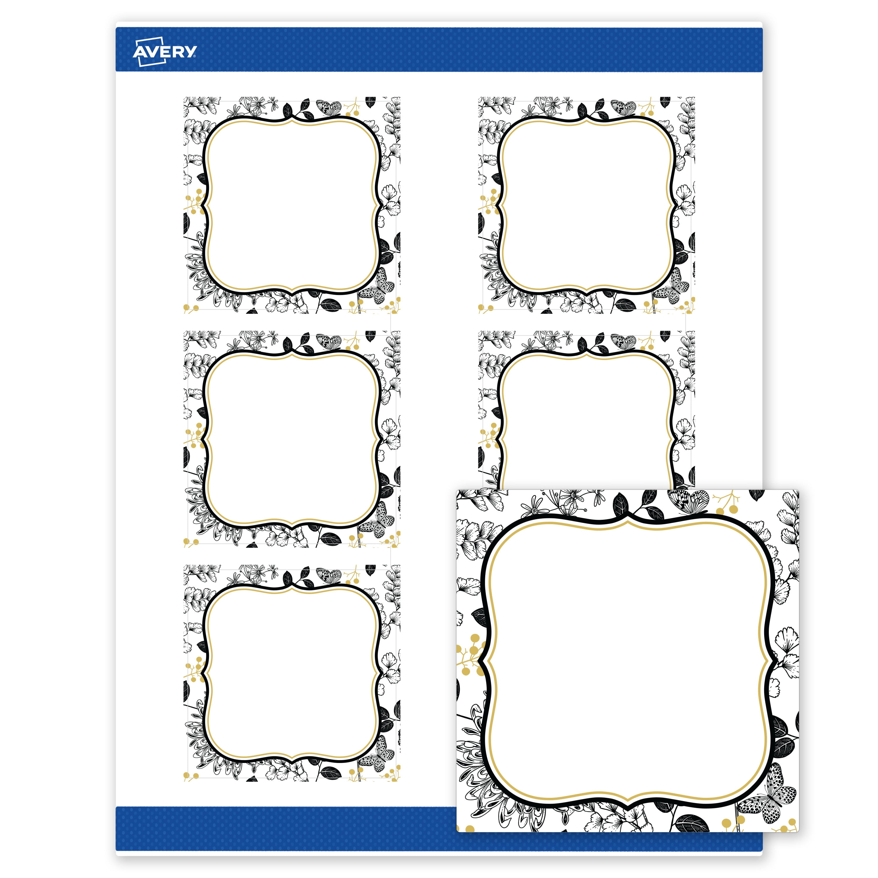 Avery Labels, 3" x 3", Matte White, Flourished Gold & Black Florals