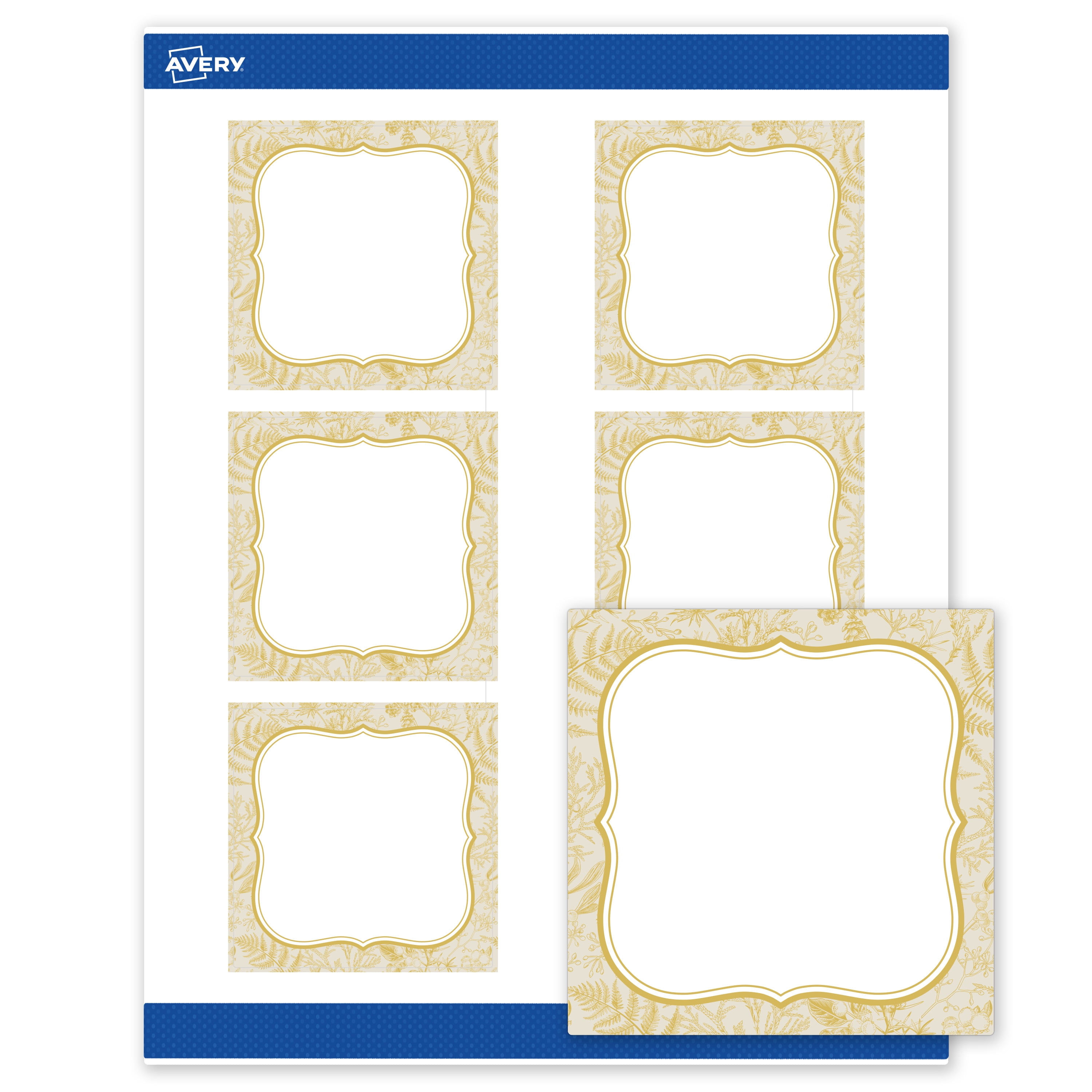 Avery Labels, 3" x 3", Matte White, Flourished Metallic Gold Florals