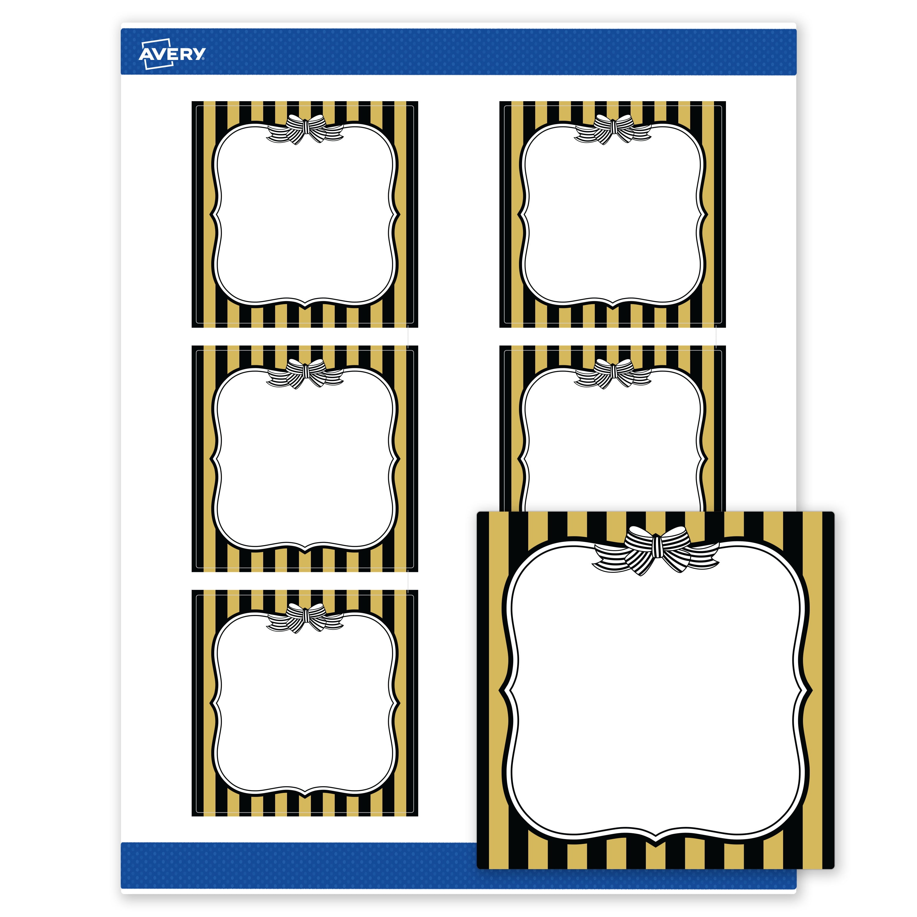 Avery Labels, 3" x 3", Matte White, Gold & Black Stripes/Bow