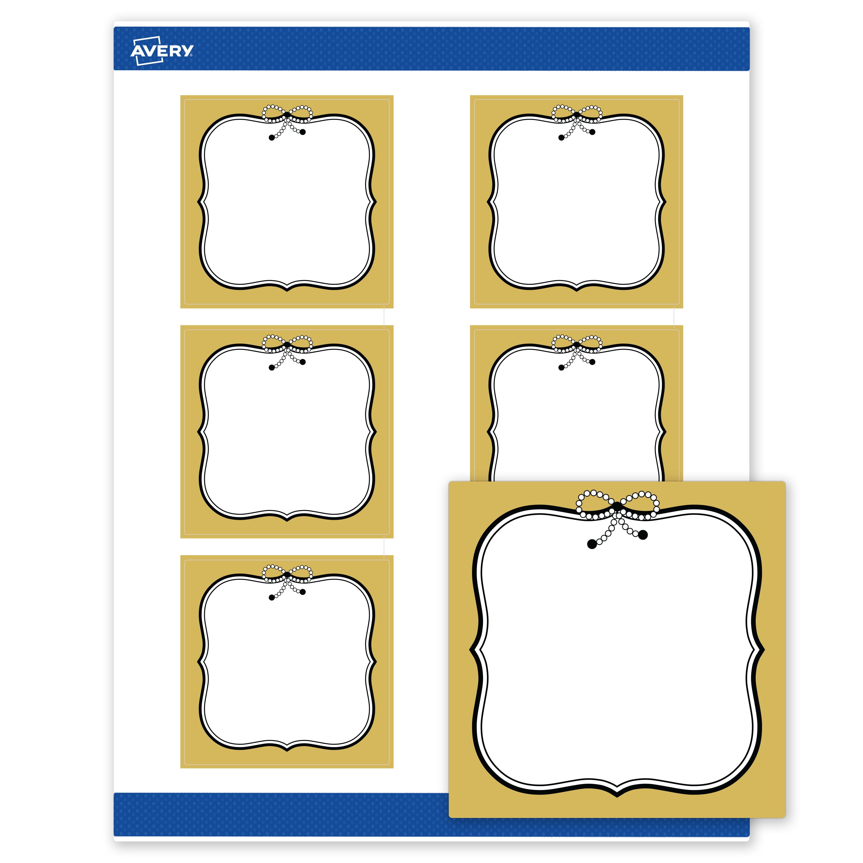 Avery Labels, 3" x 3", Matte White, Metallic Gold Border/Black Bow