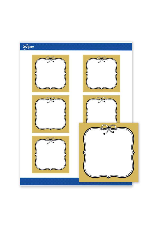 Labels, 3" x 3", Matte White, Metallic Gold Border/Black Bow