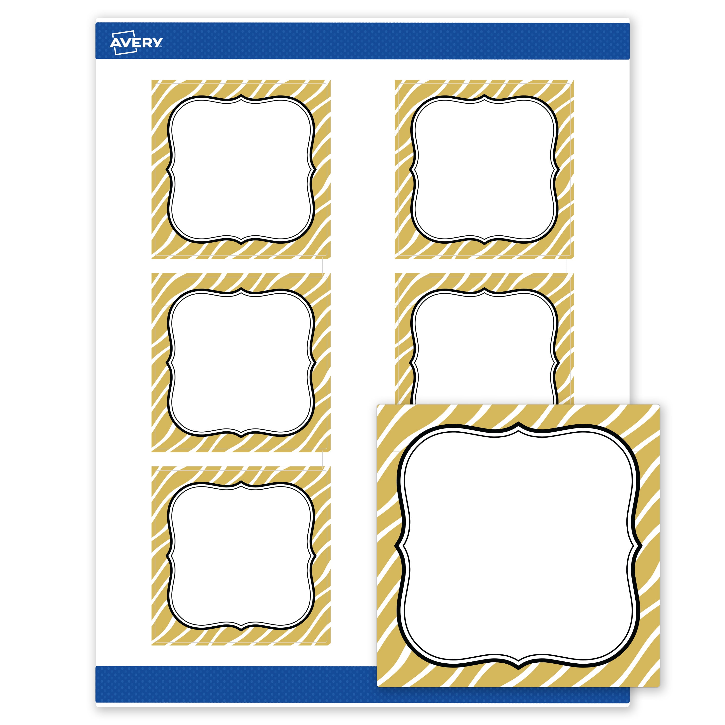 Avery Labels, 3" x 3", Matte White, Metallic Gold Zebra Pattern