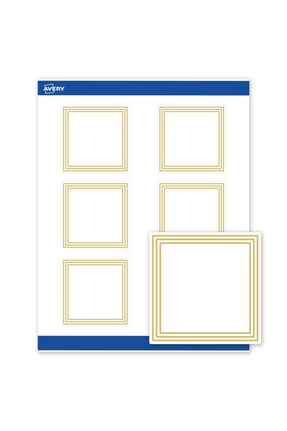 Labels, 3" x 3", Matte White, Multi-Lined Gold Border