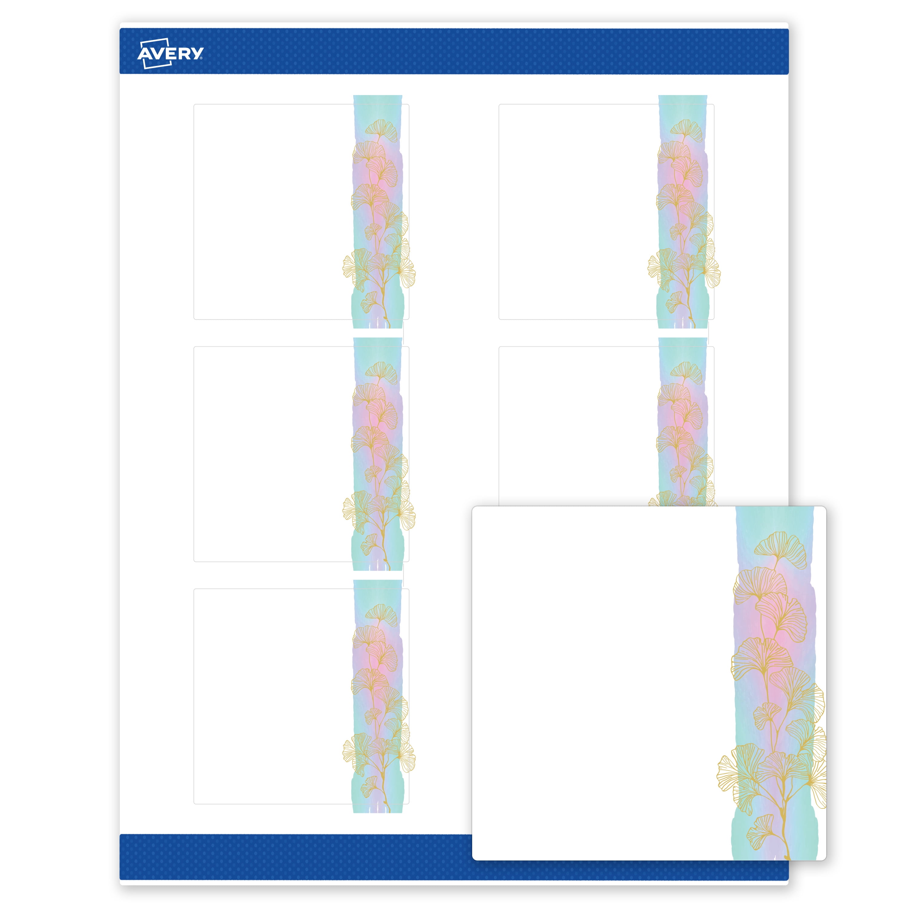 Avery Labels, 3" x 3", Matte White, Watercolors/Gold Ginkgo Leaves