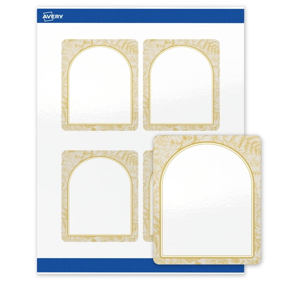 Avery Labels, 4" x 3-1/3", Glossy White, Arched Metallic Gold Florals