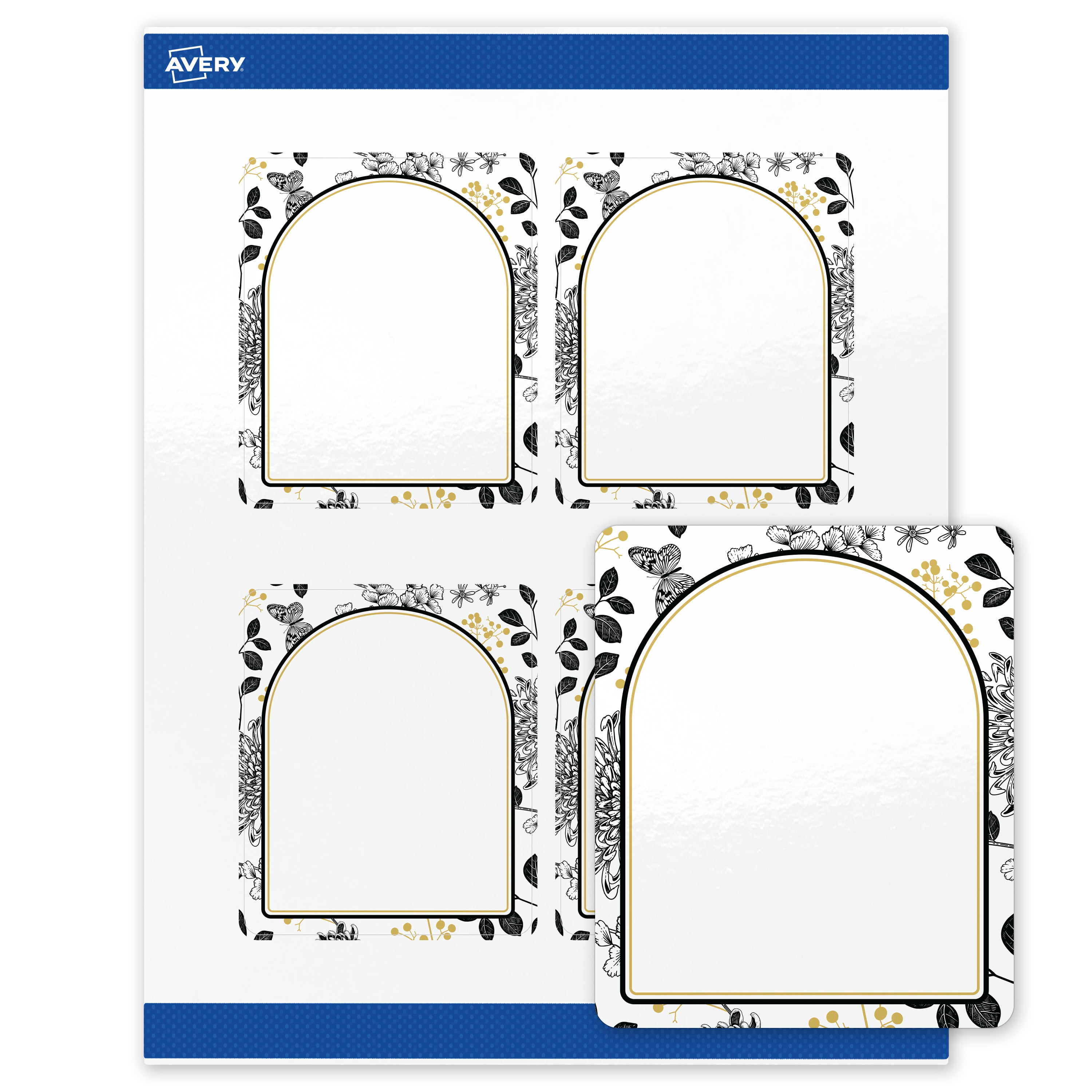 Avery Labels, 4" x 3-1/3", Gold Arch & Black Florals, Glossy