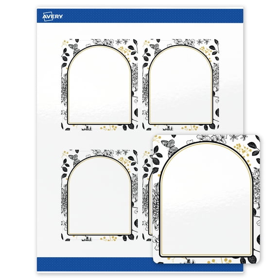 Avery Labels, 4" x 3-1/3", Gold Arch & Black Florals, Glossy