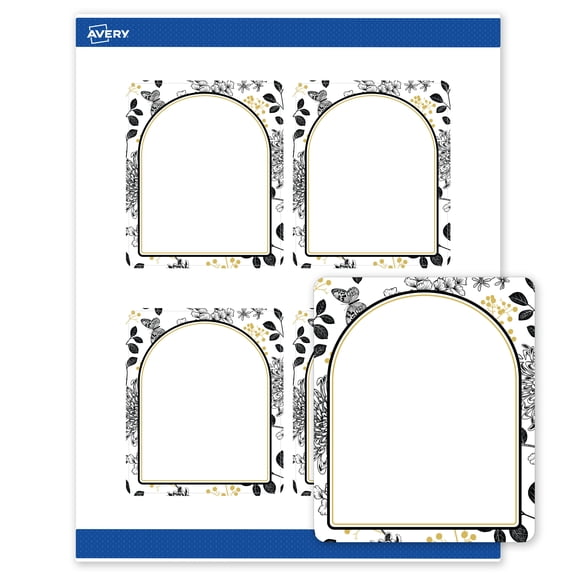 Avery Labels, 4" x 3-1/3", Gold Arch & Black Florals, Matte